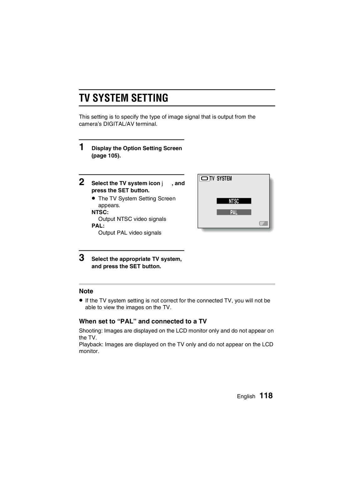 Sanyo VPC-C1 instruction manual TV System Setting, When set to PAL and connected to a TV 