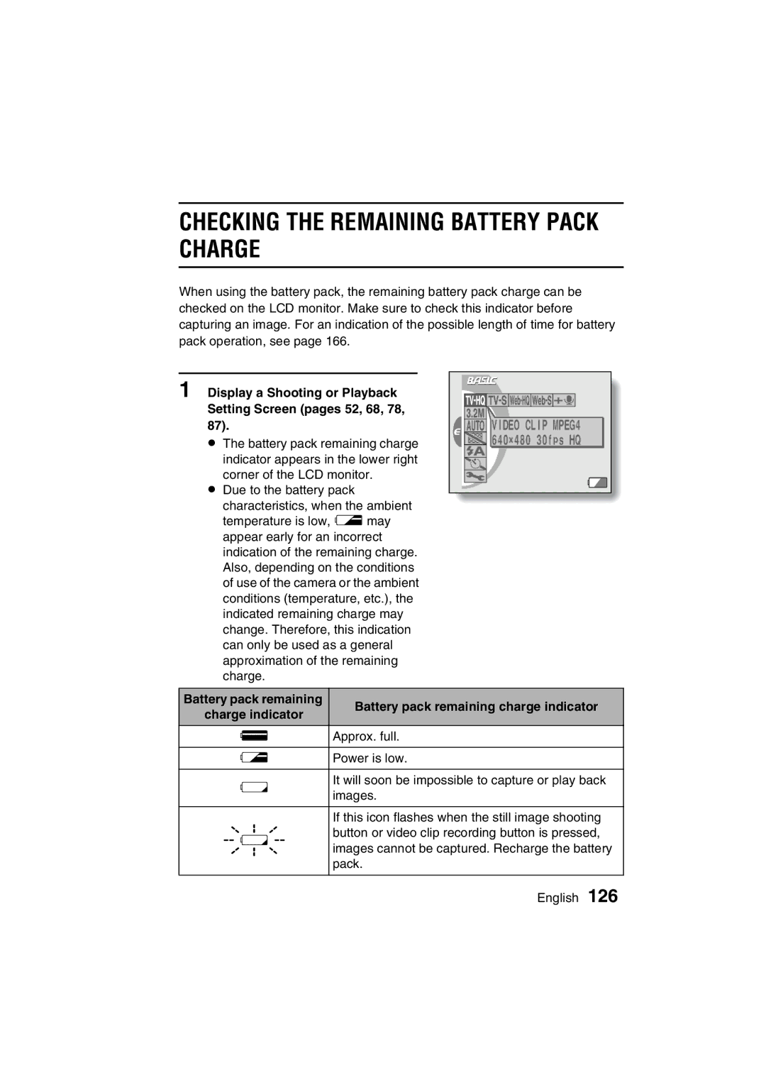 Sanyo VPC-C1 instruction manual Checking the Remaining Battery Pack Charge 