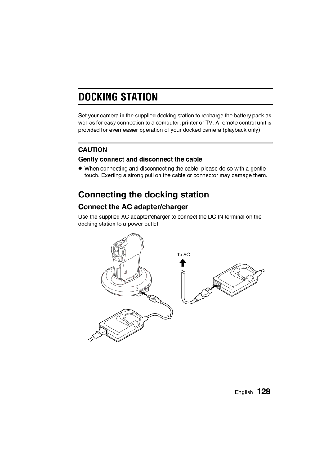 Sanyo VPC-C1 instruction manual Docking Station, Connecting the docking station, Connect the AC adapter/charger 