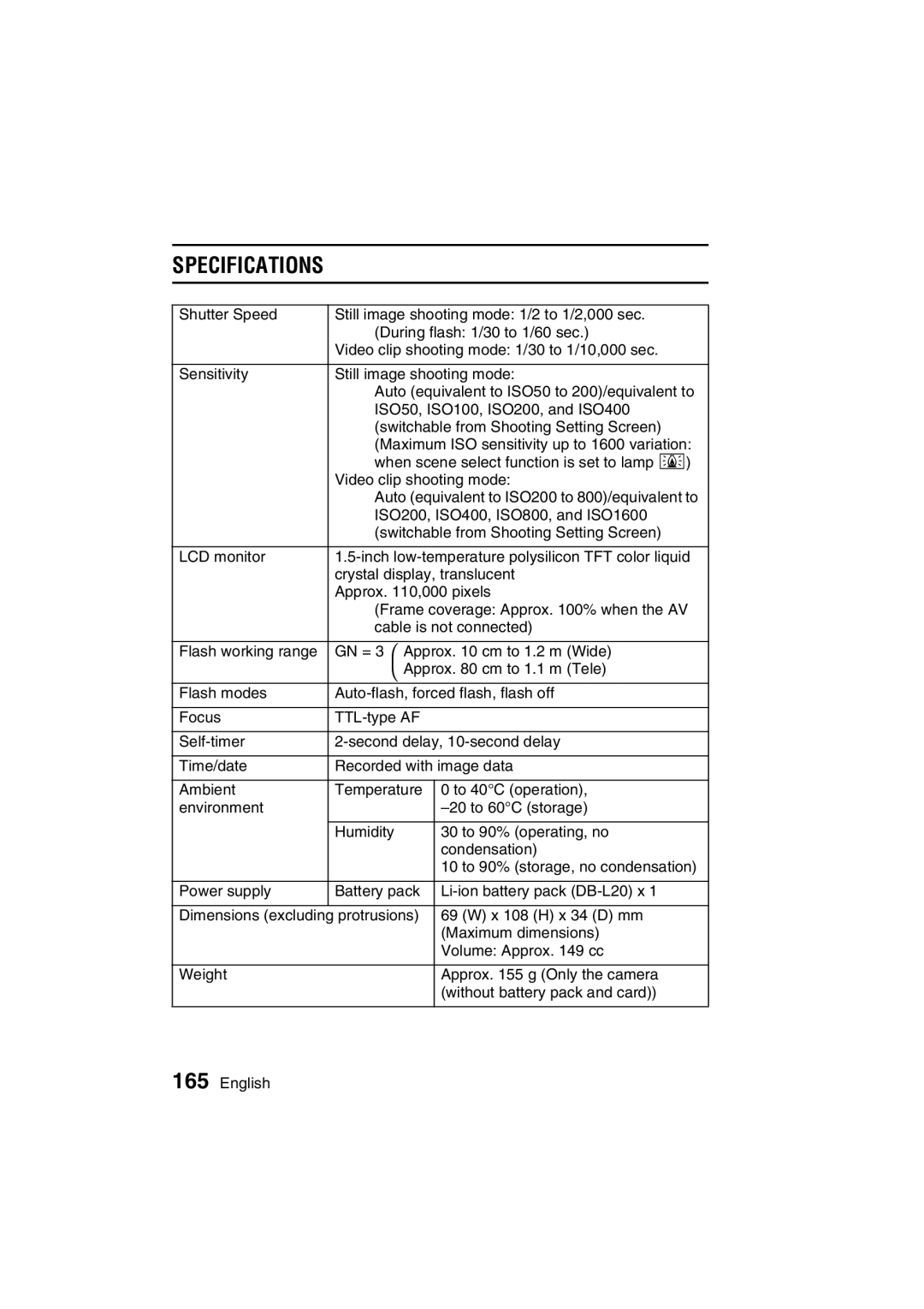 Sanyo VPC-C1 instruction manual Specifications 