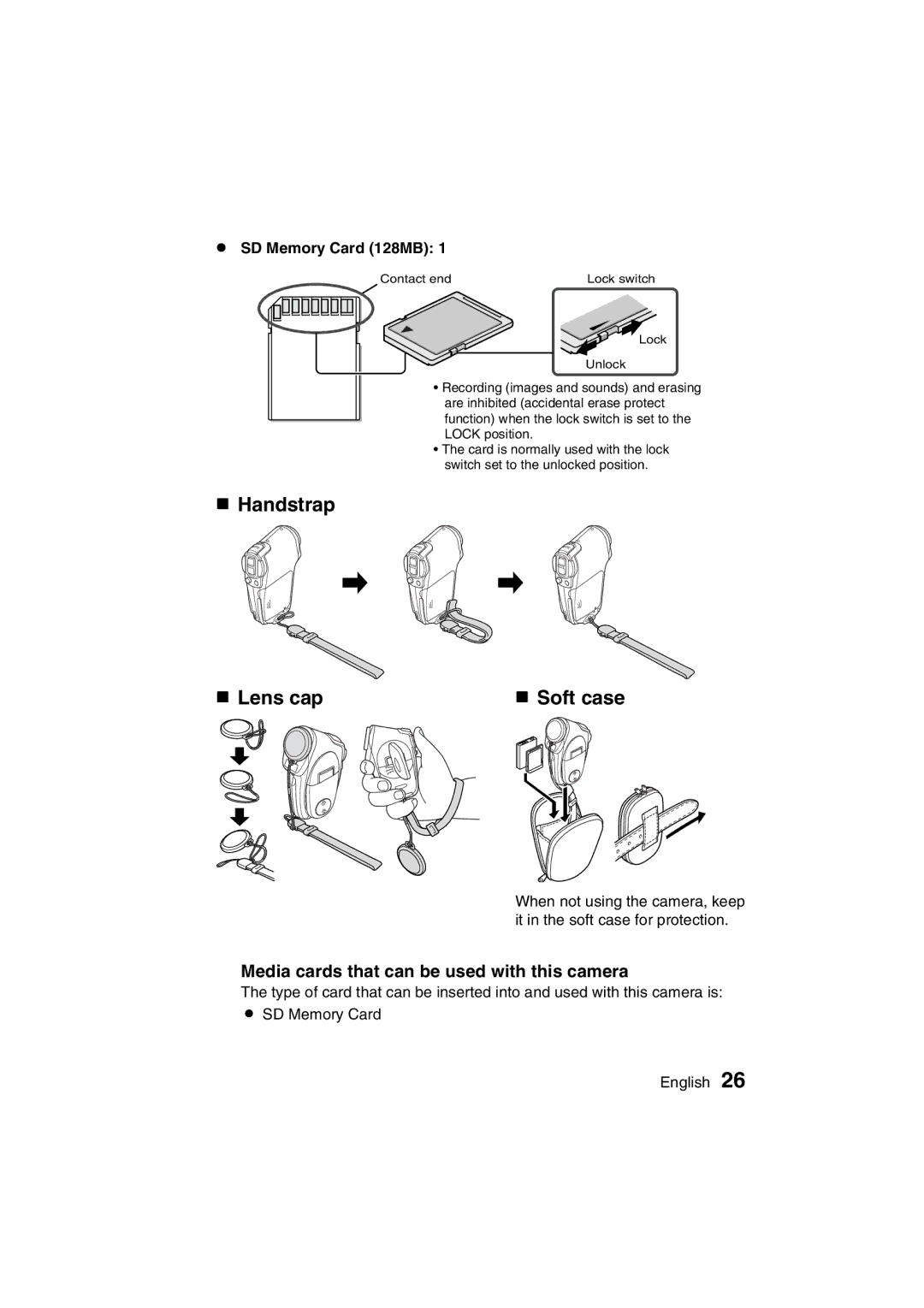 Sanyo VPC-C1 Handstrap Lens cap Soft case, Media cards that can be used with this camera, SD Memory Card 128MB 