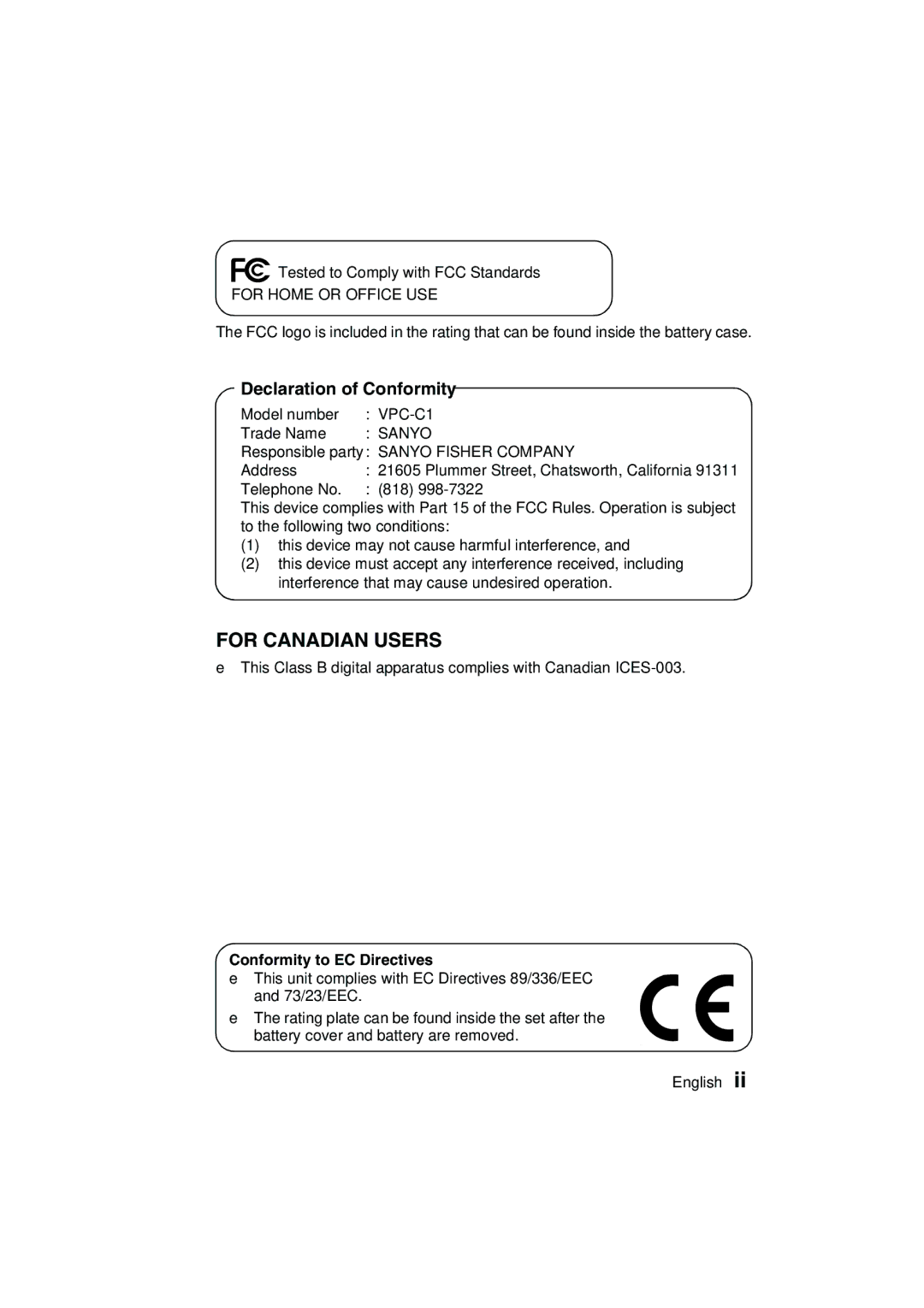 Sanyo VPC-C1 instruction manual Declaration of Conformity, Conformity to EC Directives 