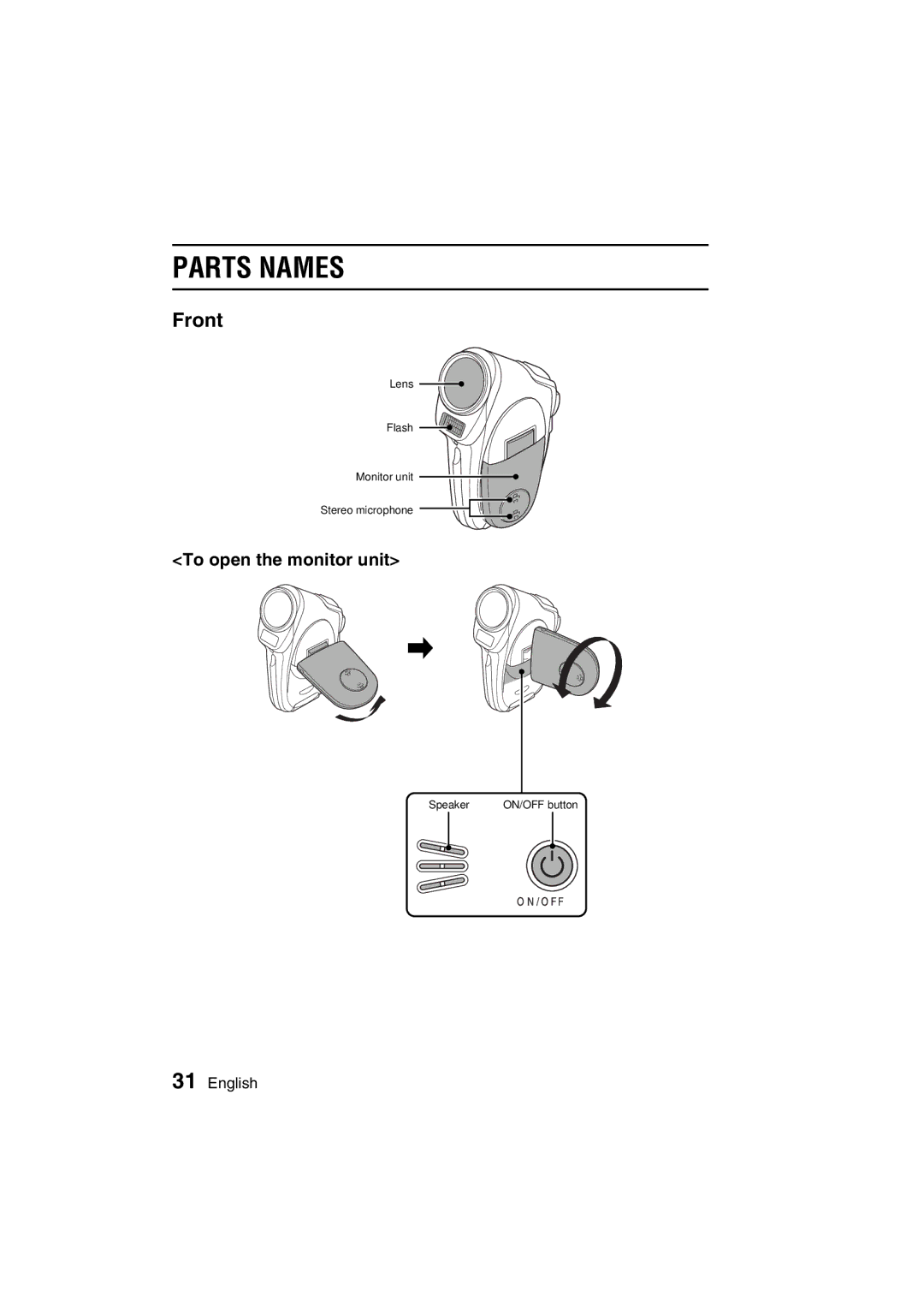 Sanyo VPC-C1 instruction manual Parts Names, Front, To open the monitor unit 