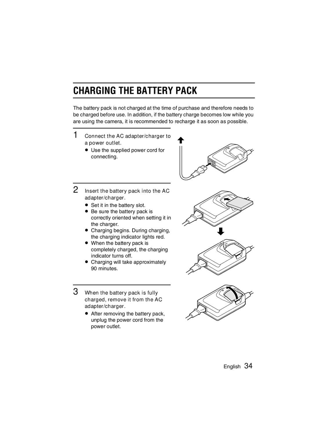 Sanyo VPC-C1 instruction manual Charging the Battery Pack, Connect the AC adapter/charger to a power outlet 