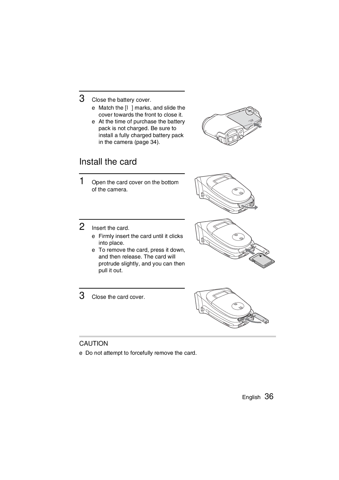 Sanyo VPC-C1 instruction manual Install the card, Close the battery cover, Close the card cover 