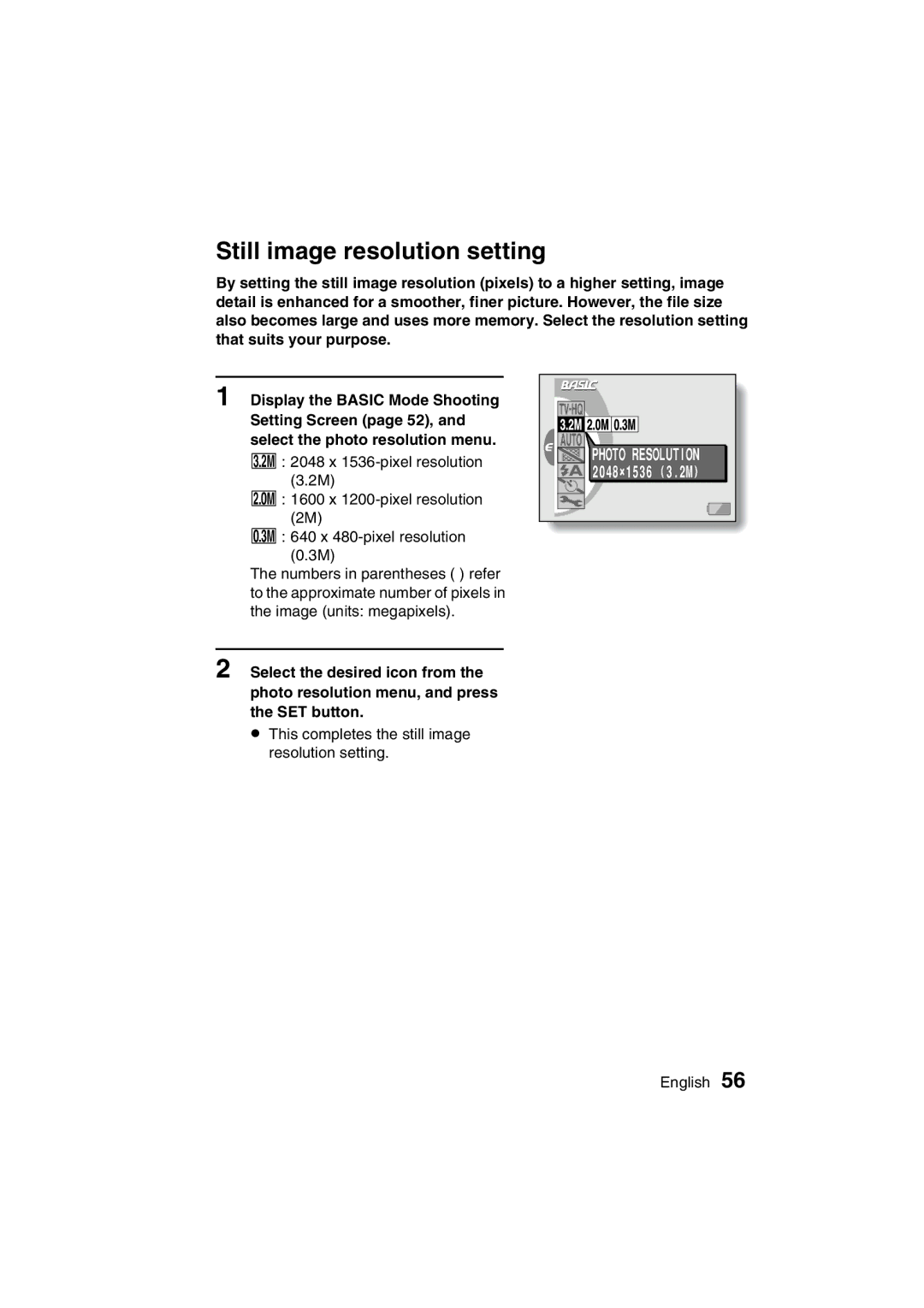 Sanyo VPC-C1 instruction manual Still image resolution setting 