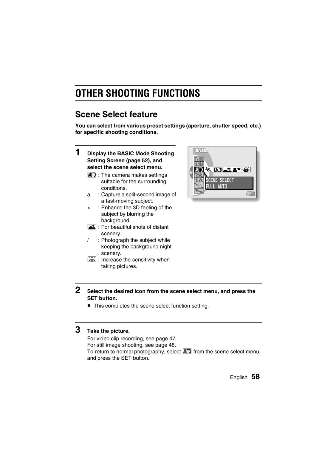 Sanyo VPC-C1 instruction manual Other Shooting Functions, Scene Select feature, Take the picture 