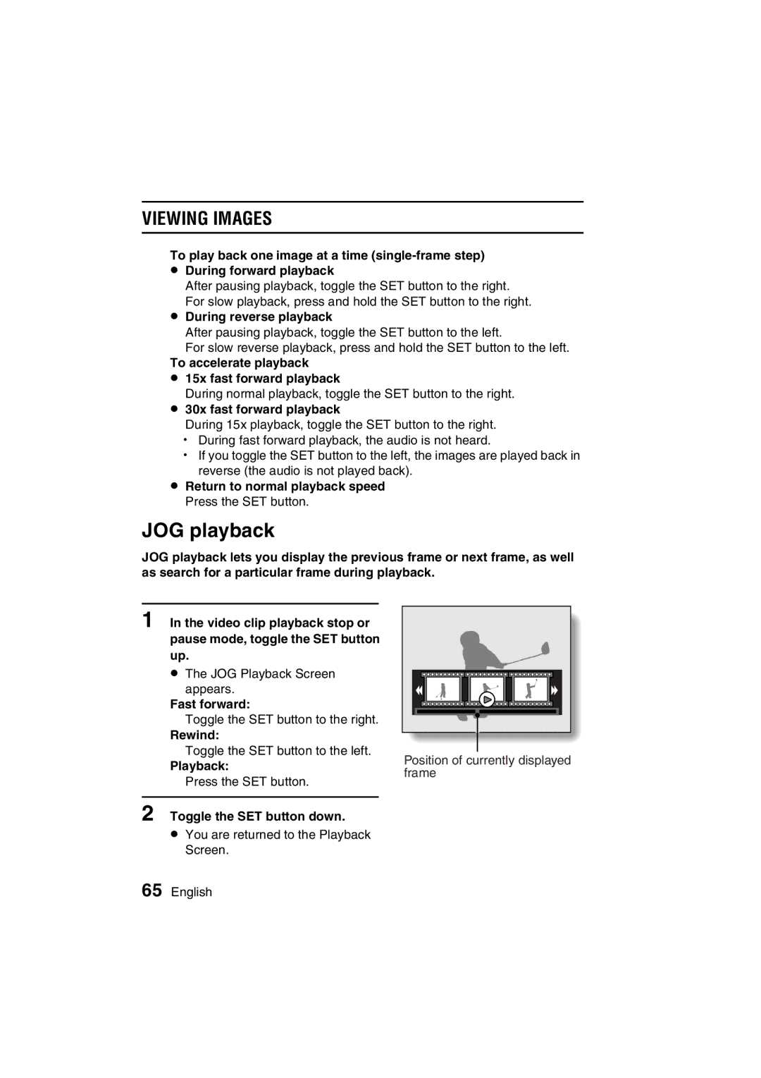 Sanyo VPC-C1 instruction manual JOG playback, Viewing Images 