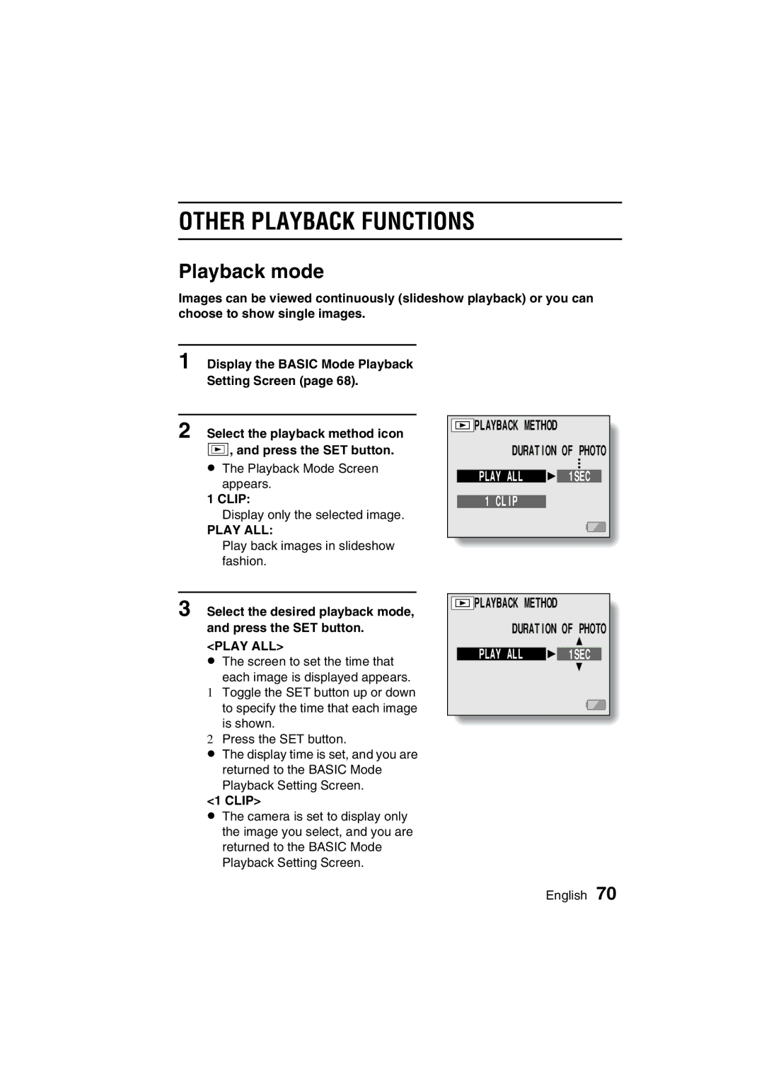 Sanyo VPC-C1 Other Playback Functions, Playback mode, Select the desired playback mode, and press the SET button, Clip 