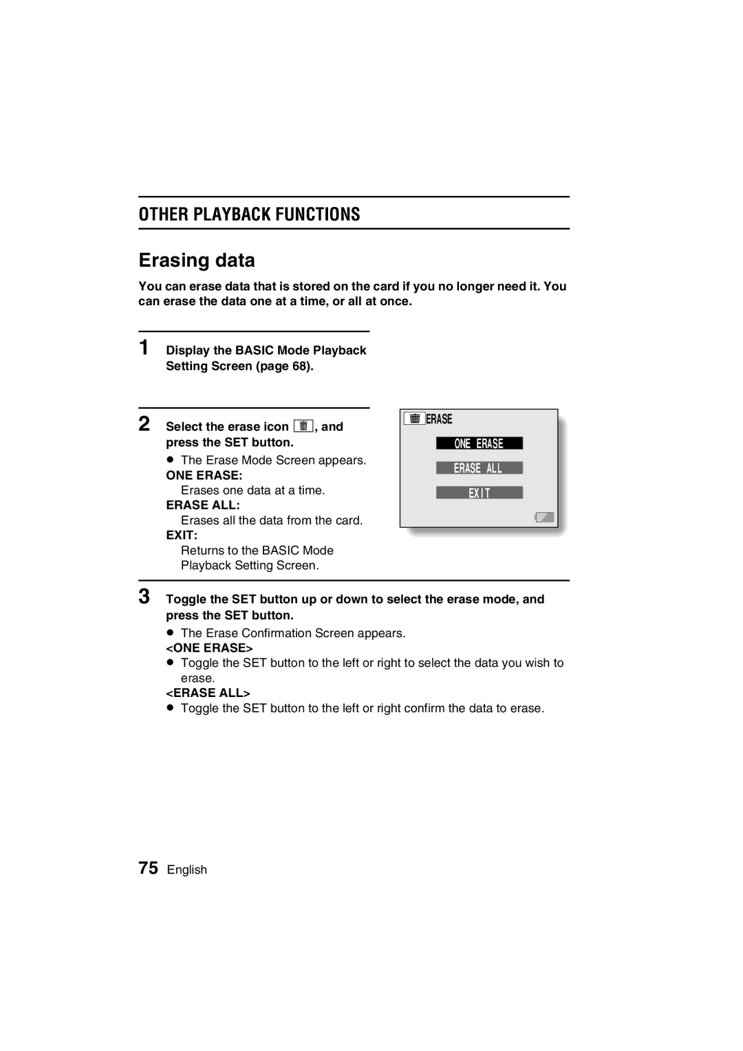 Sanyo VPC-C1 instruction manual Erasing data, Erase 