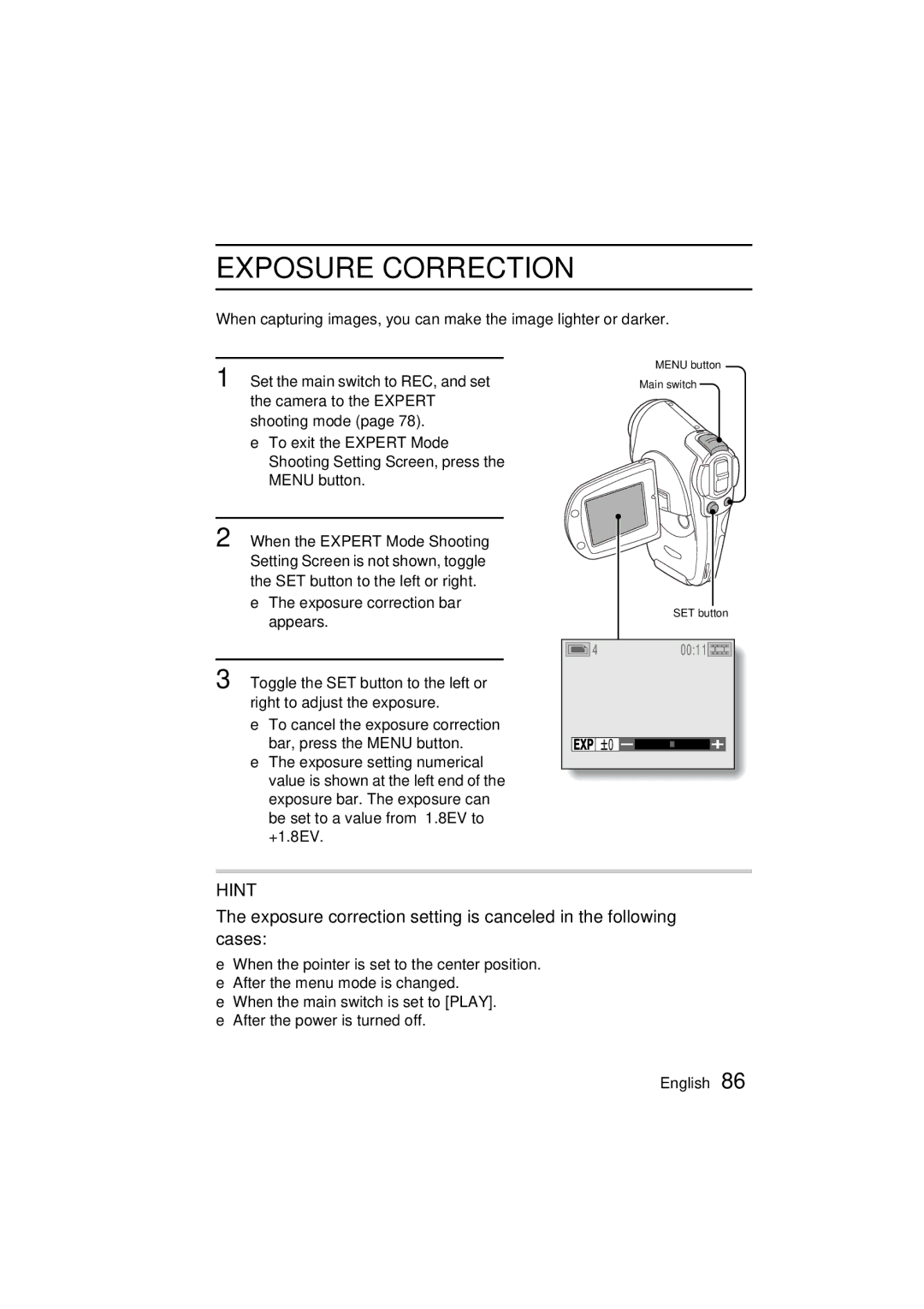 Sanyo VPC-C1 instruction manual Exposure Correction 