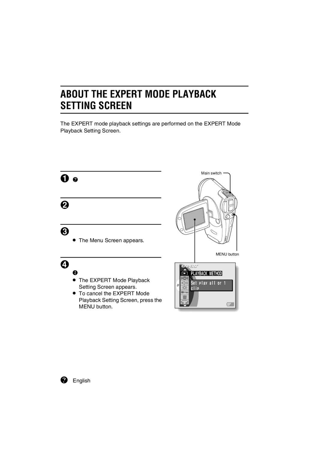 Sanyo VPC-C1 About the Expert Mode Playback Setting Screen, Display the Expert Mode Playback Setting Screen 