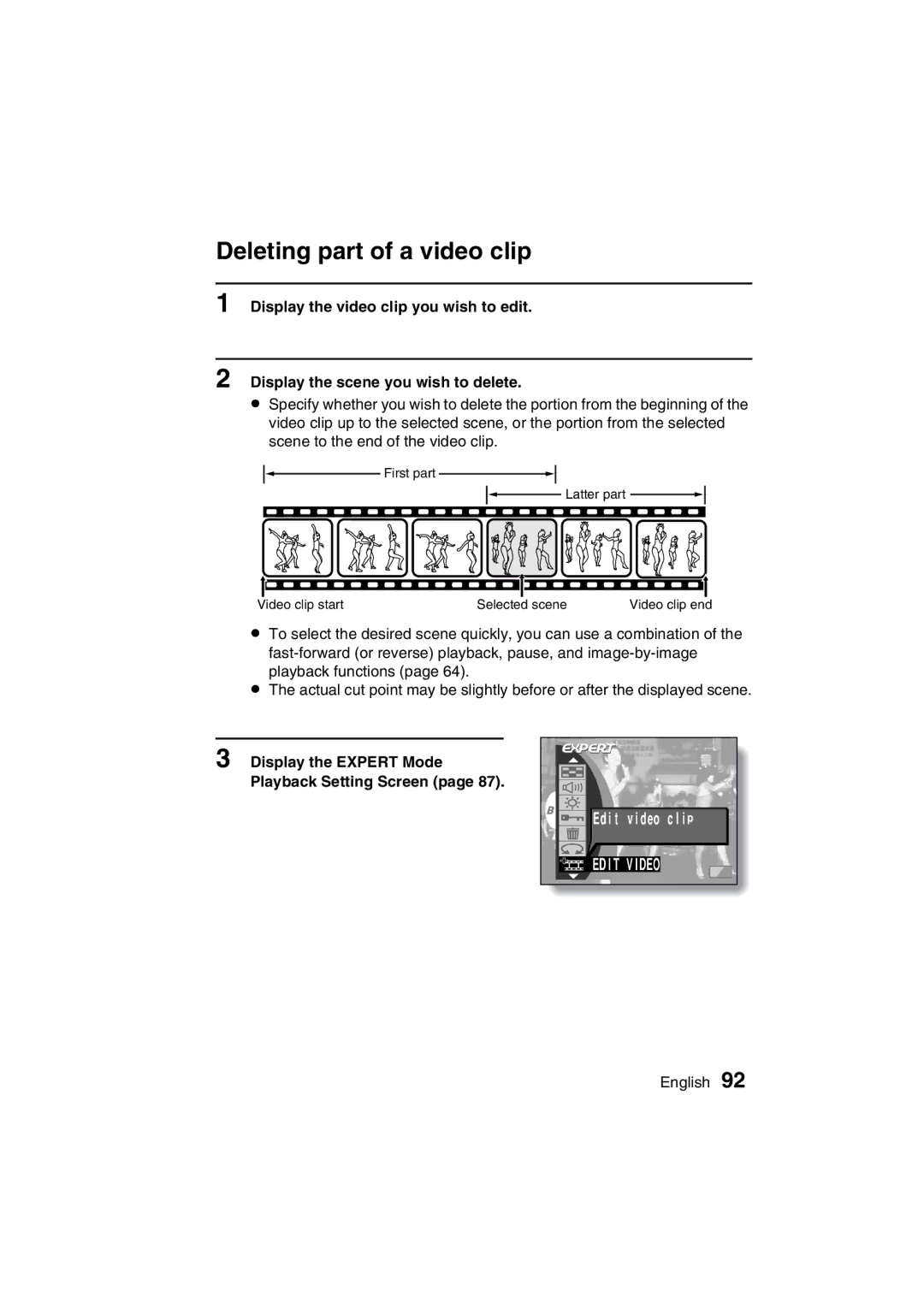 Sanyo VPC-C1 instruction manual Deleting part of a video clip, Display the Expert Mode Playback Setting Screen 