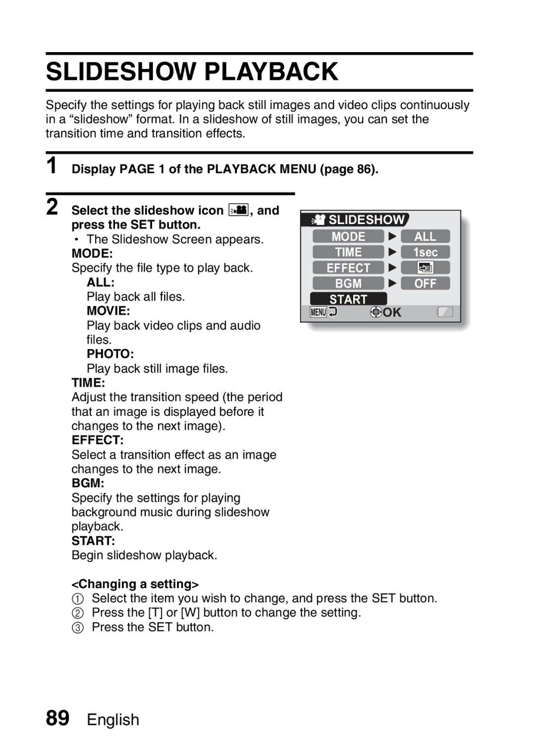 Sanyo VPC-CA65EX, VPC-CA65GX instruction manual Slideshow Playback, All, Start 