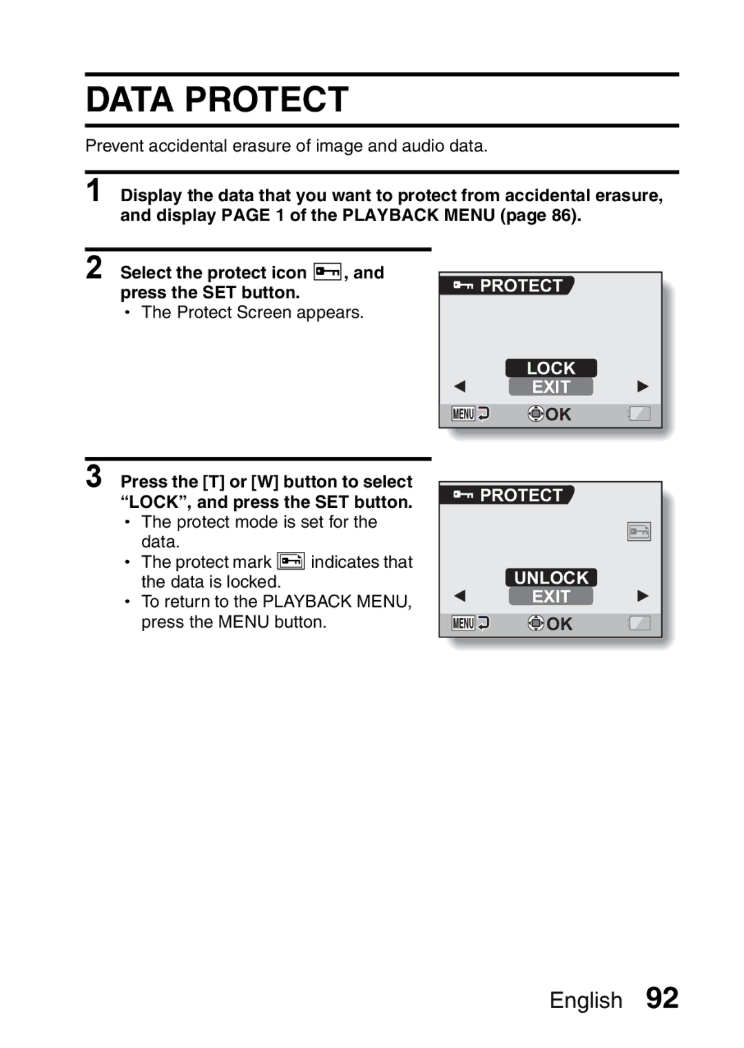 Sanyo VPC-CA65GX, VPC-CA65EX instruction manual Data Protect, Protect Lock Exit, Protect Unlock Exit 