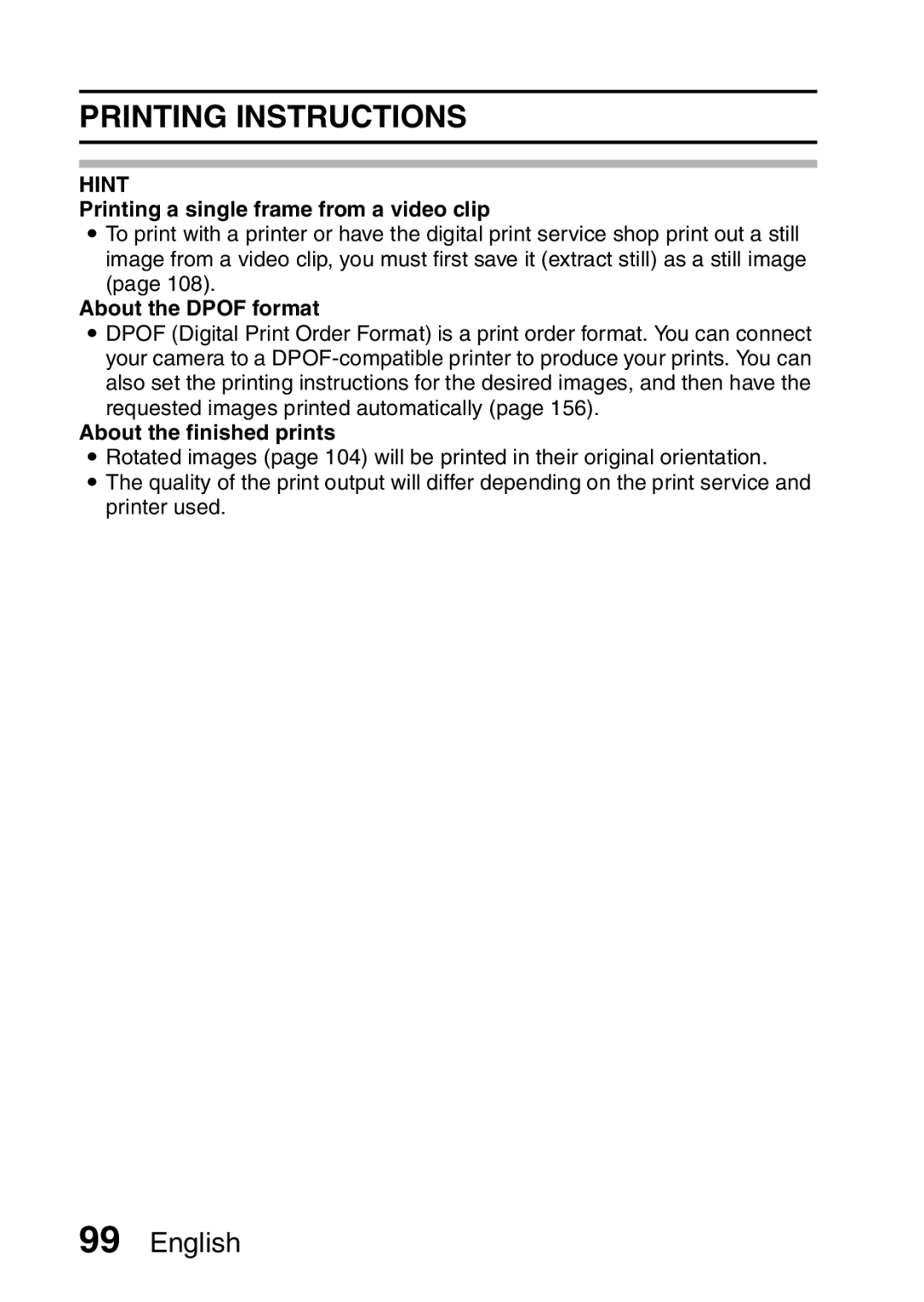 Sanyo VPC-CA65EX, VPC-CA65GX Printing Instructions, Printing a single frame from a video clip, About the Dpof format 