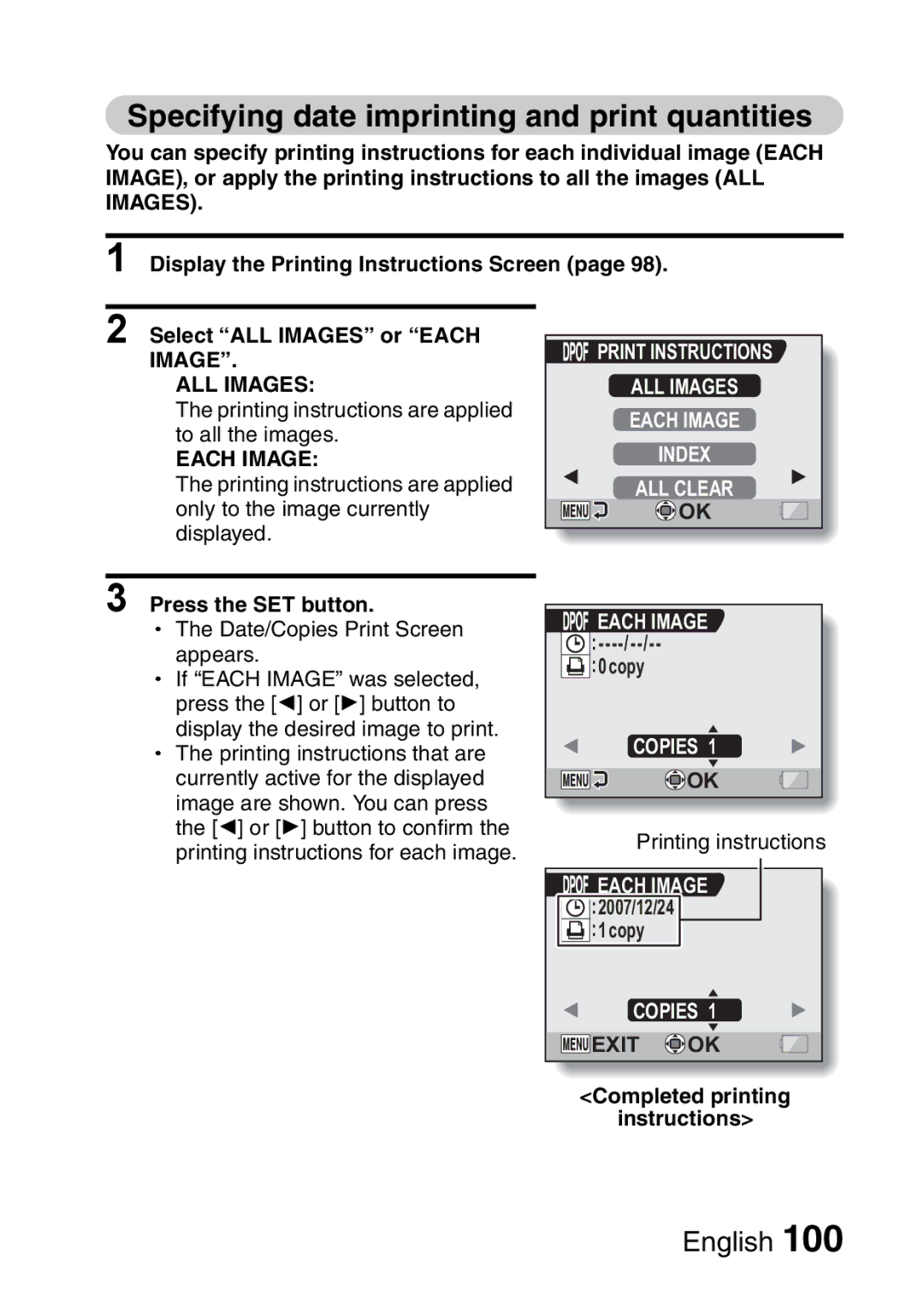 Sanyo VPC-CA65GX, VPC-CA65EX instruction manual Specifying date imprinting and print quantities, Each Image, Copies 