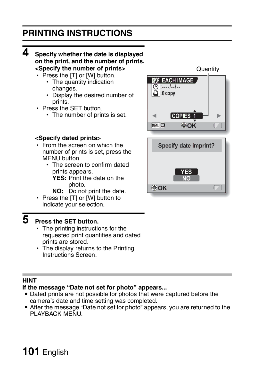 Sanyo VPC-CA65EX, VPC-CA65GX instruction manual Specify dated prints, Yes, If the message Date not set for photo appears 