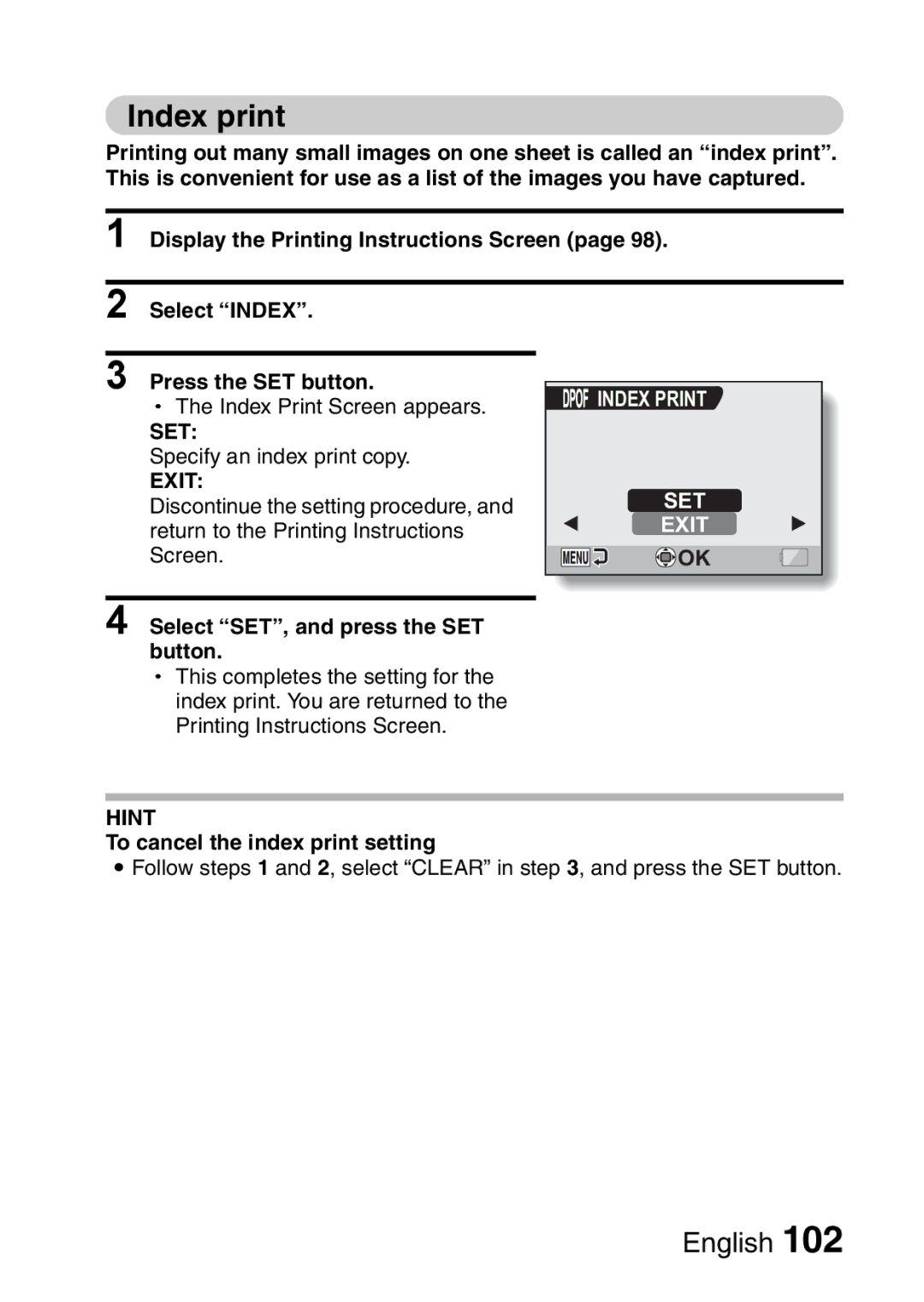 Sanyo VPC-CA65GX, VPC-CA65EX instruction manual Index print, Set, Exit 