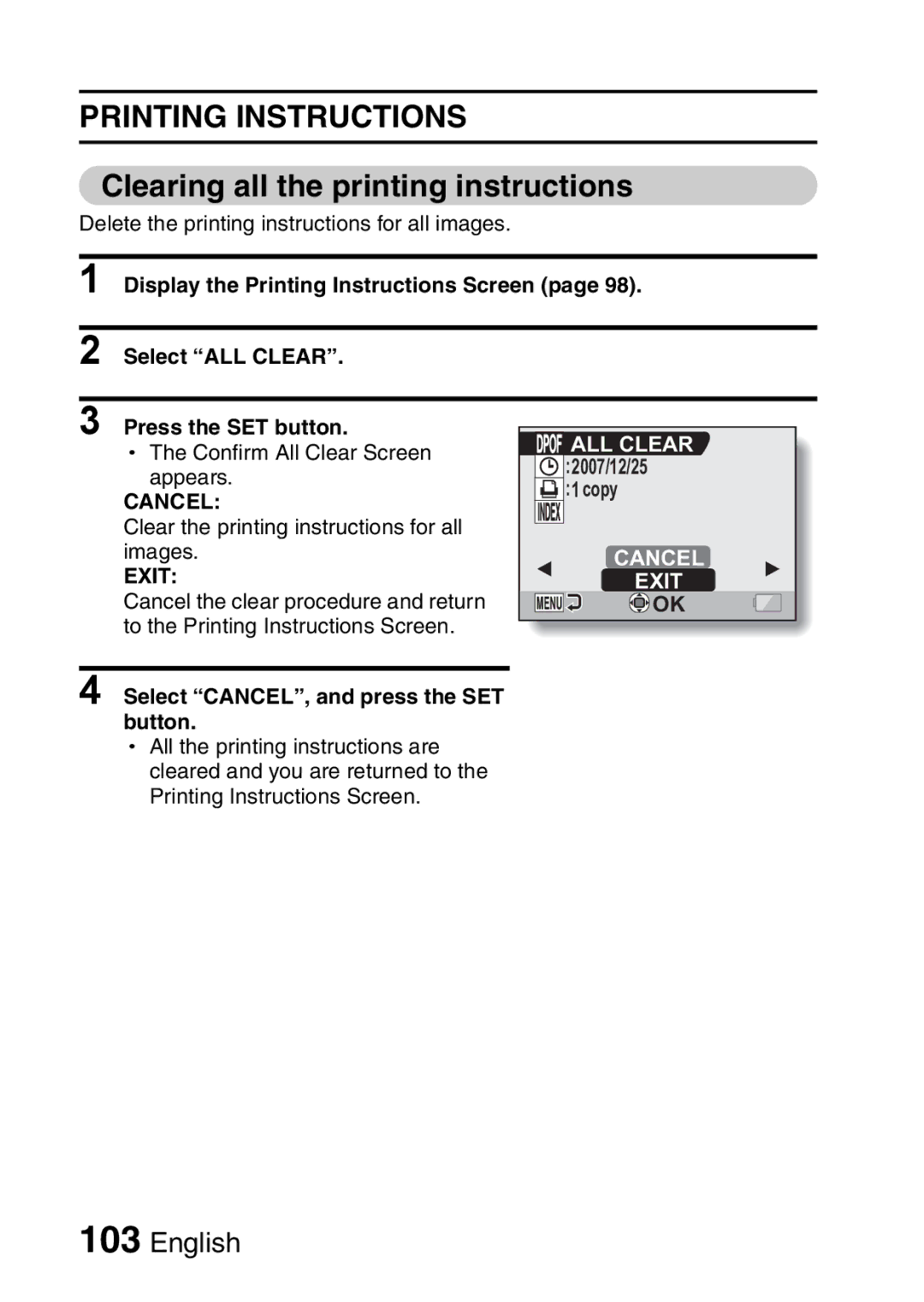 Sanyo VPC-CA65EX, VPC-CA65GX instruction manual Clearing all the printing instructions, ALL Clear, Cancel 