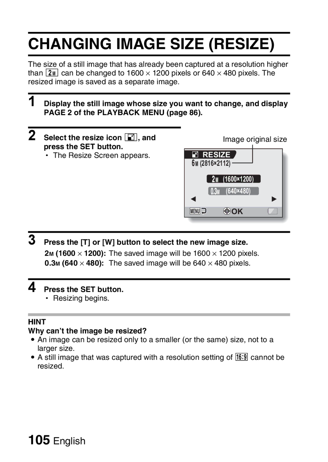 Sanyo VPC-CA65EX, VPC-CA65GX Changing Image Size Resize, of the Playback Menu, Why can’t the image be resized? 