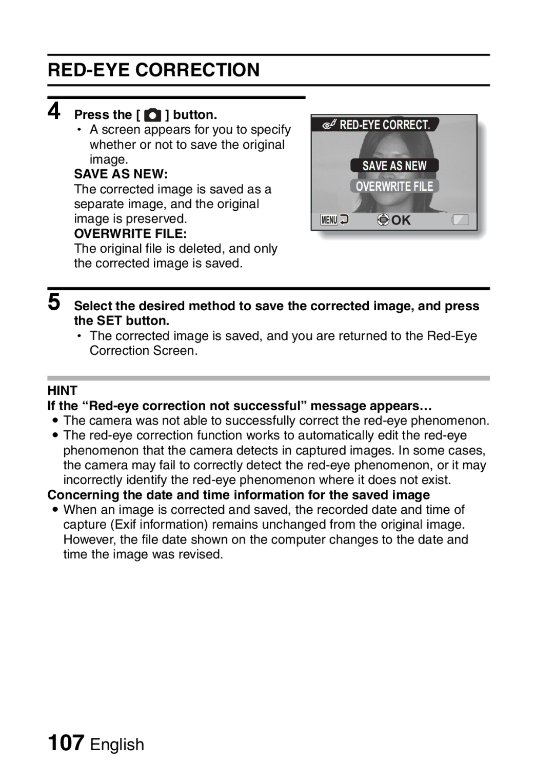 Sanyo VPC-CA65EX, VPC-CA65GX instruction manual RED-EYE Correction, Save AS NEW, Overwrite File 