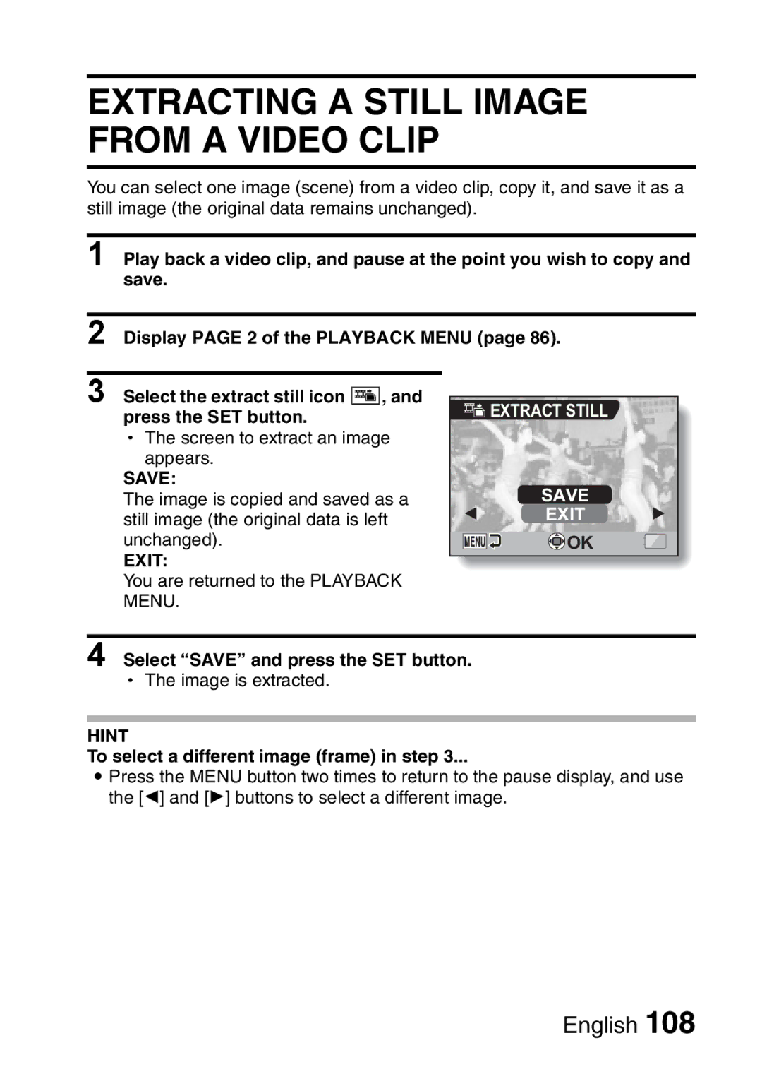 Sanyo VPC-CA65GX, VPC-CA65EX Extracting a Still Image from a Video Clip, Select Save and press the SET button 