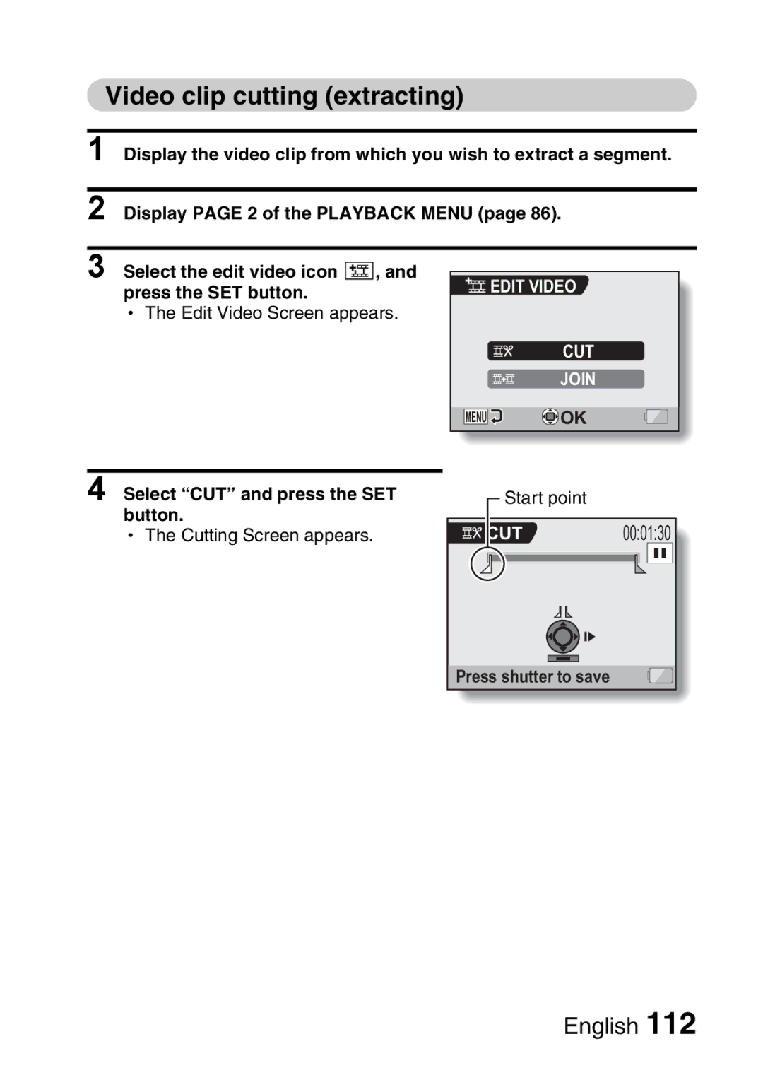 Sanyo VPC-CA65GX, VPC-CA65EX instruction manual Video clip cutting extracting, Select the edit video icon k, CUT Join, Cut 