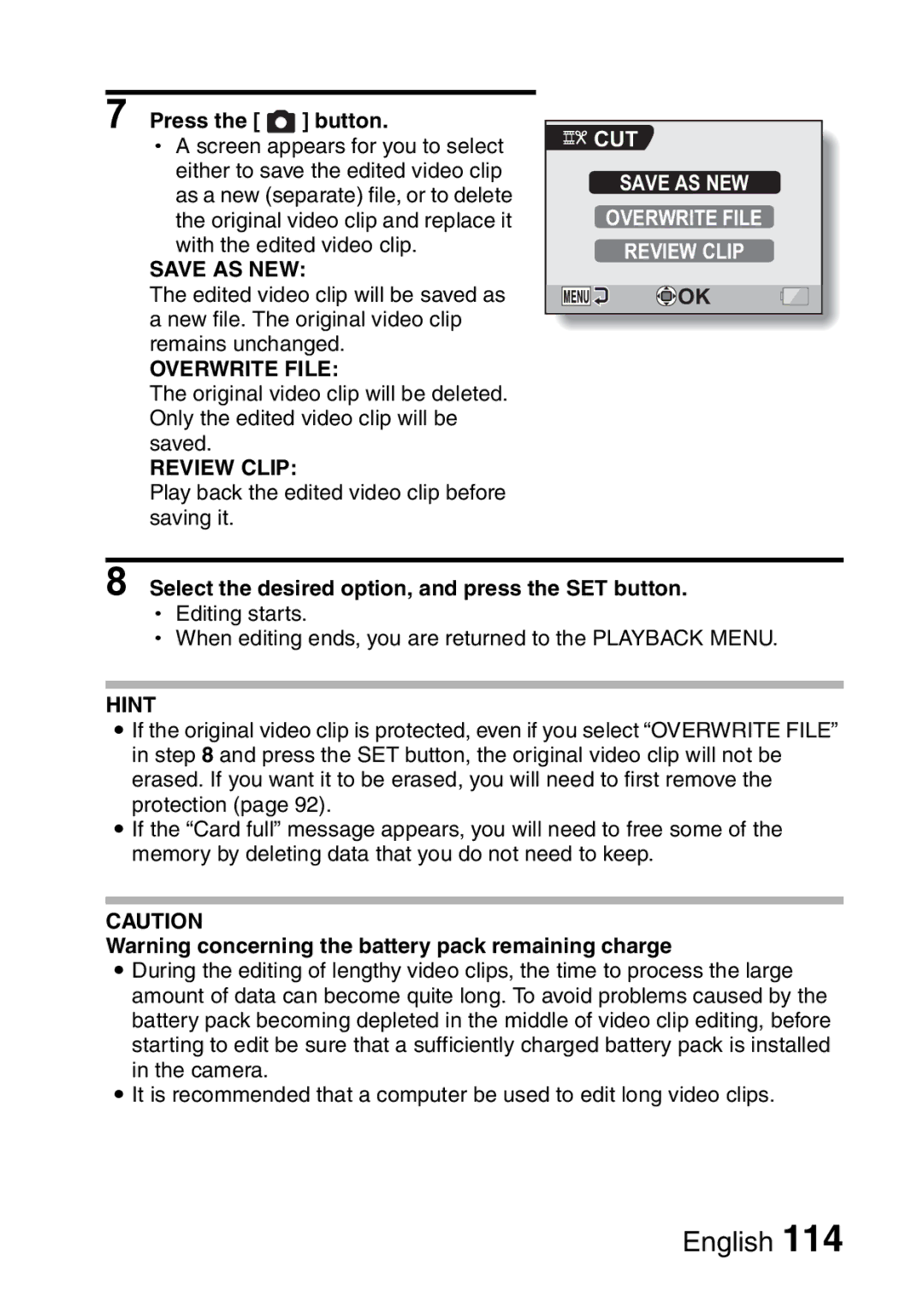 Sanyo VPC-CA65GX Save AS NEW Overwrite File Review Clip, Select the desired option, and press the SET button 