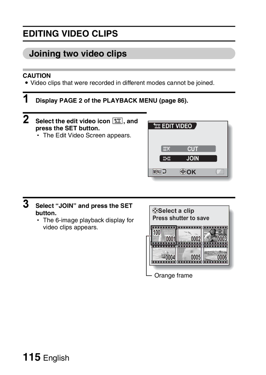 Sanyo VPC-CA65EX, VPC-CA65GX Joining two video clips, Edit Video CUT Join, Select Join and press the SET button 