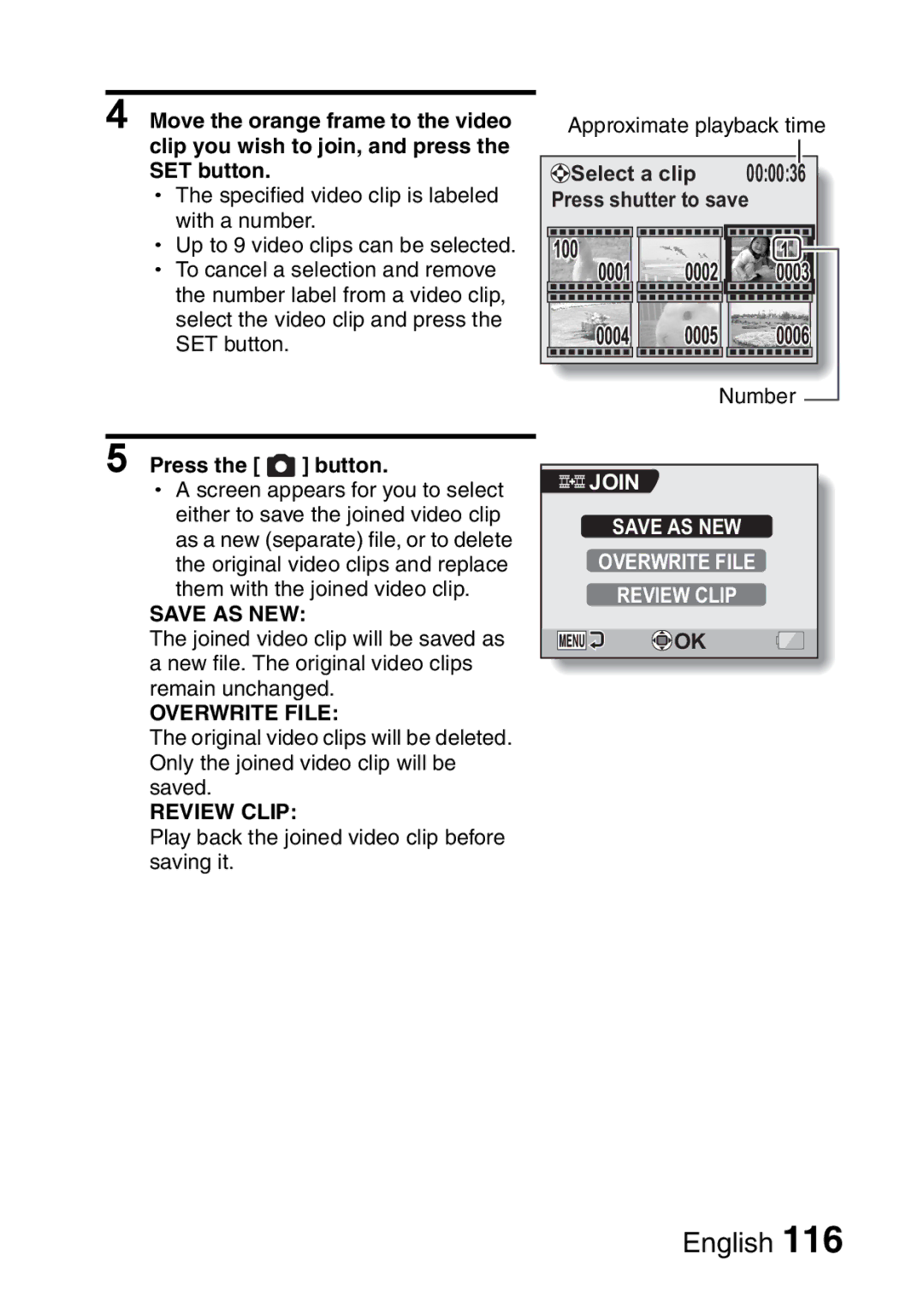 Sanyo VPC-CA65GX, VPC-CA65EX instruction manual Number, Join Save AS NEW Overwrite File Review Clip 