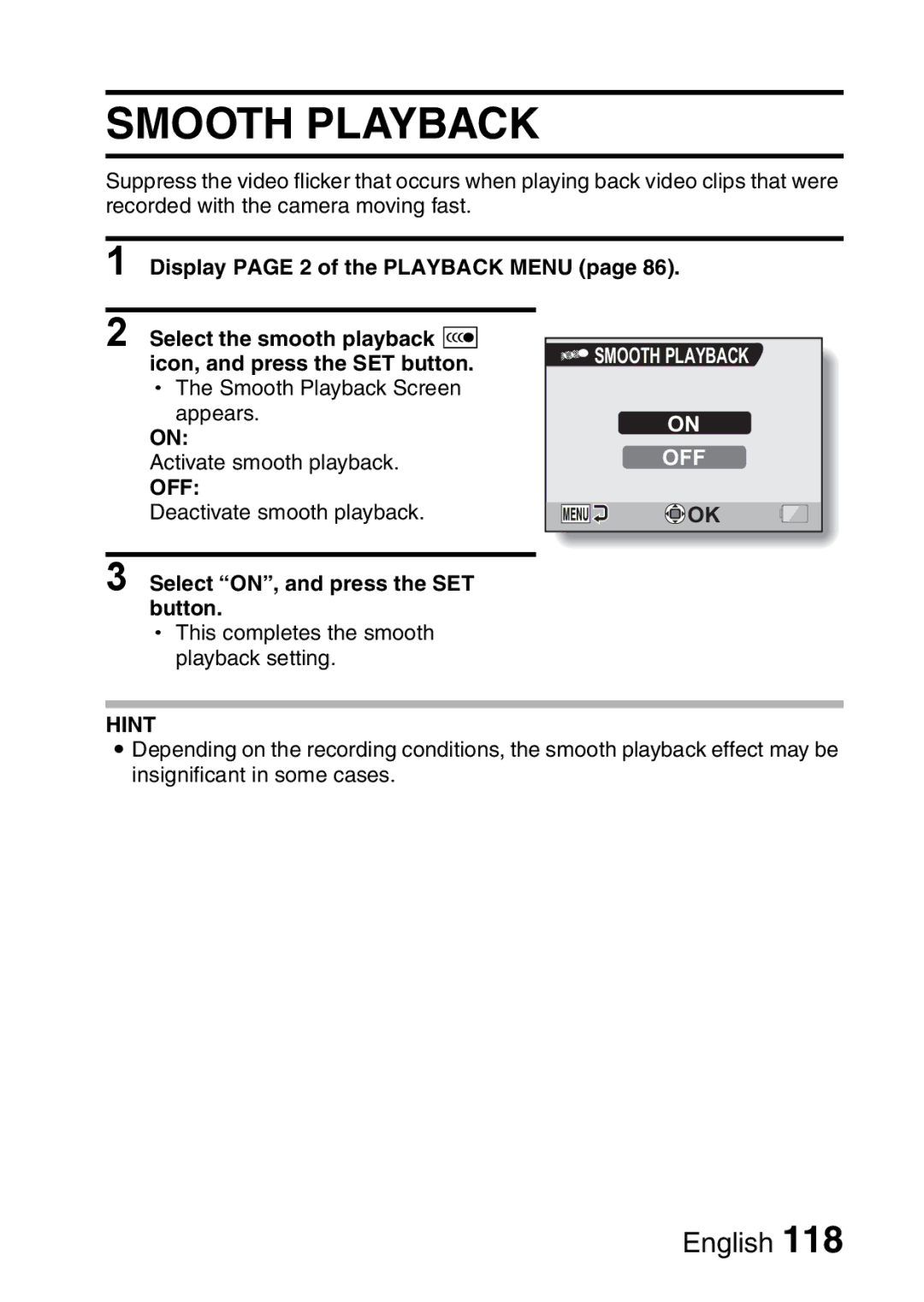 Sanyo VPC-CA65GX, VPC-CA65EX instruction manual Smooth Playback, Select ON, and press the SET button 