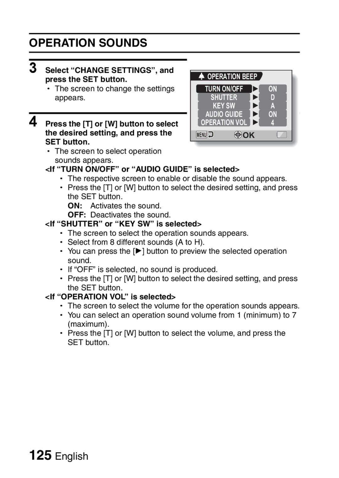 Sanyo VPC-CA65EX, VPC-CA65GX Operation Sounds, If Turn ON/OFF or Audio Guide is selected, If Shutter or KEY SW is selected 