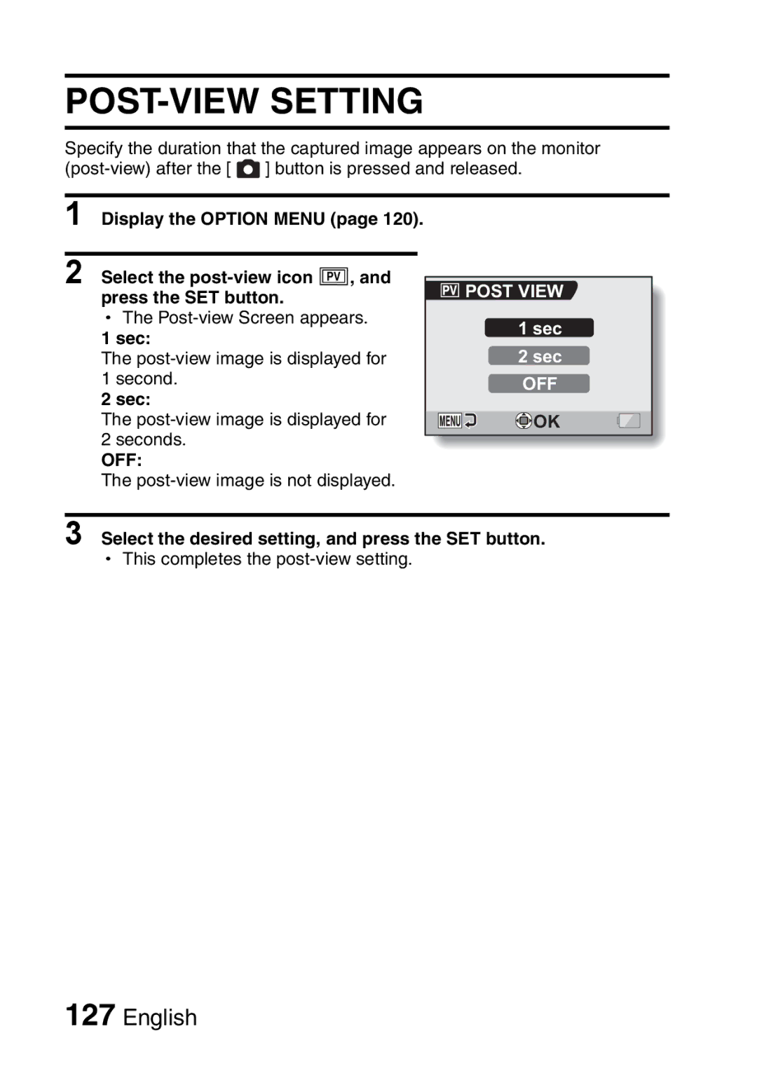 Sanyo VPC-CA65EX, VPC-CA65GX instruction manual POST-VIEW Setting, Sec, Post View 