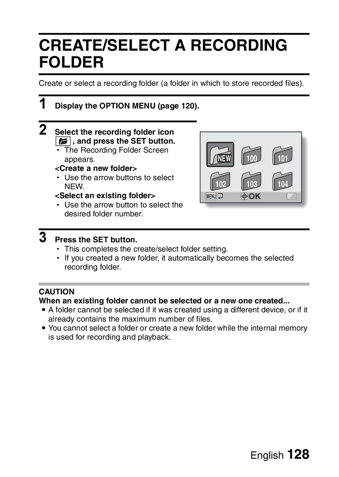 Sanyo VPC-CA65GX CREATE/SELECT a Recording Folder, Display the Option Menu, Create a new folder, Select an existing folder 