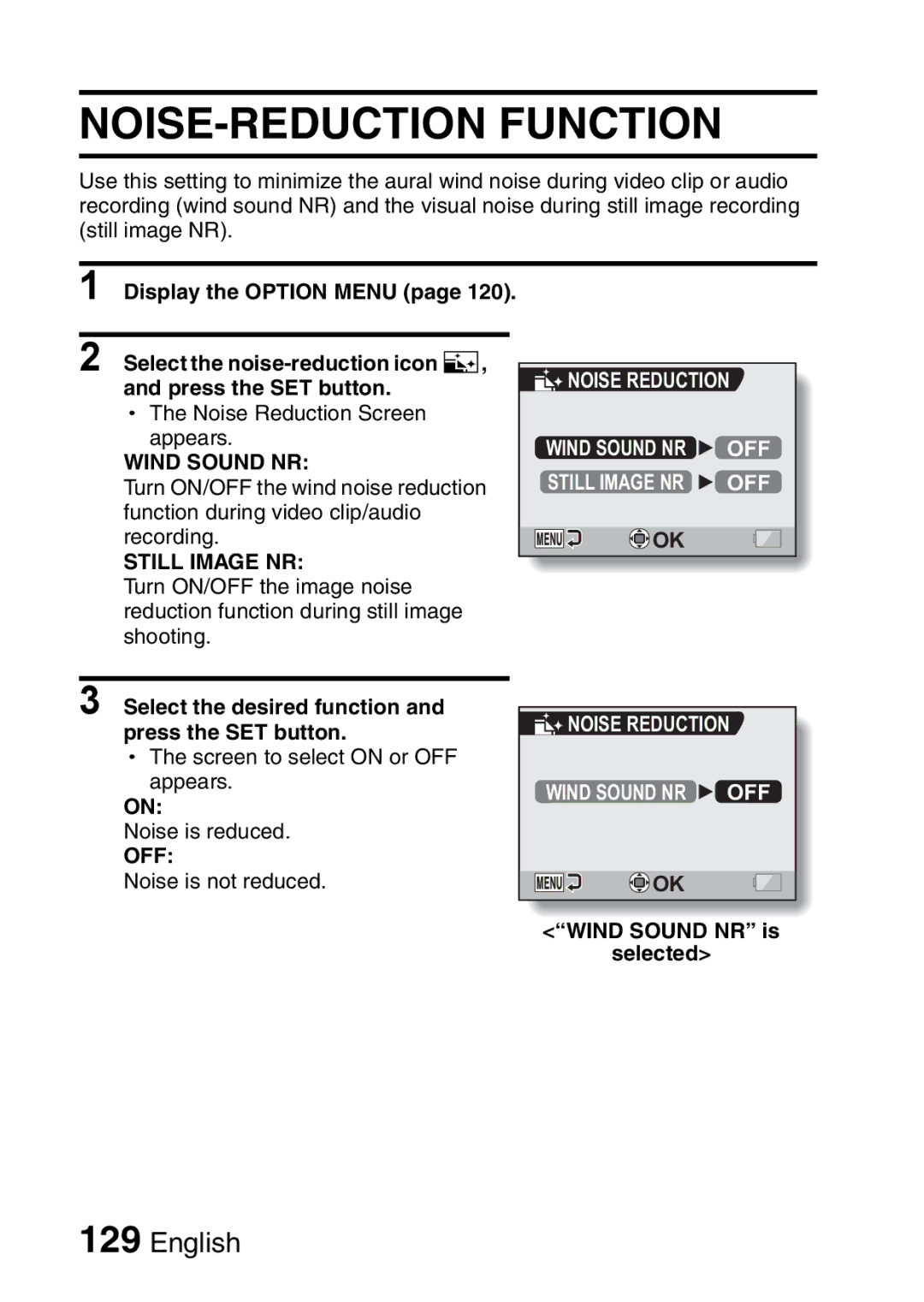 Sanyo VPC-CA65EX, VPC-CA65GX instruction manual NOISE-REDUCTION Function, Wind Sound NR, Still Image NR, Noise Reduction 