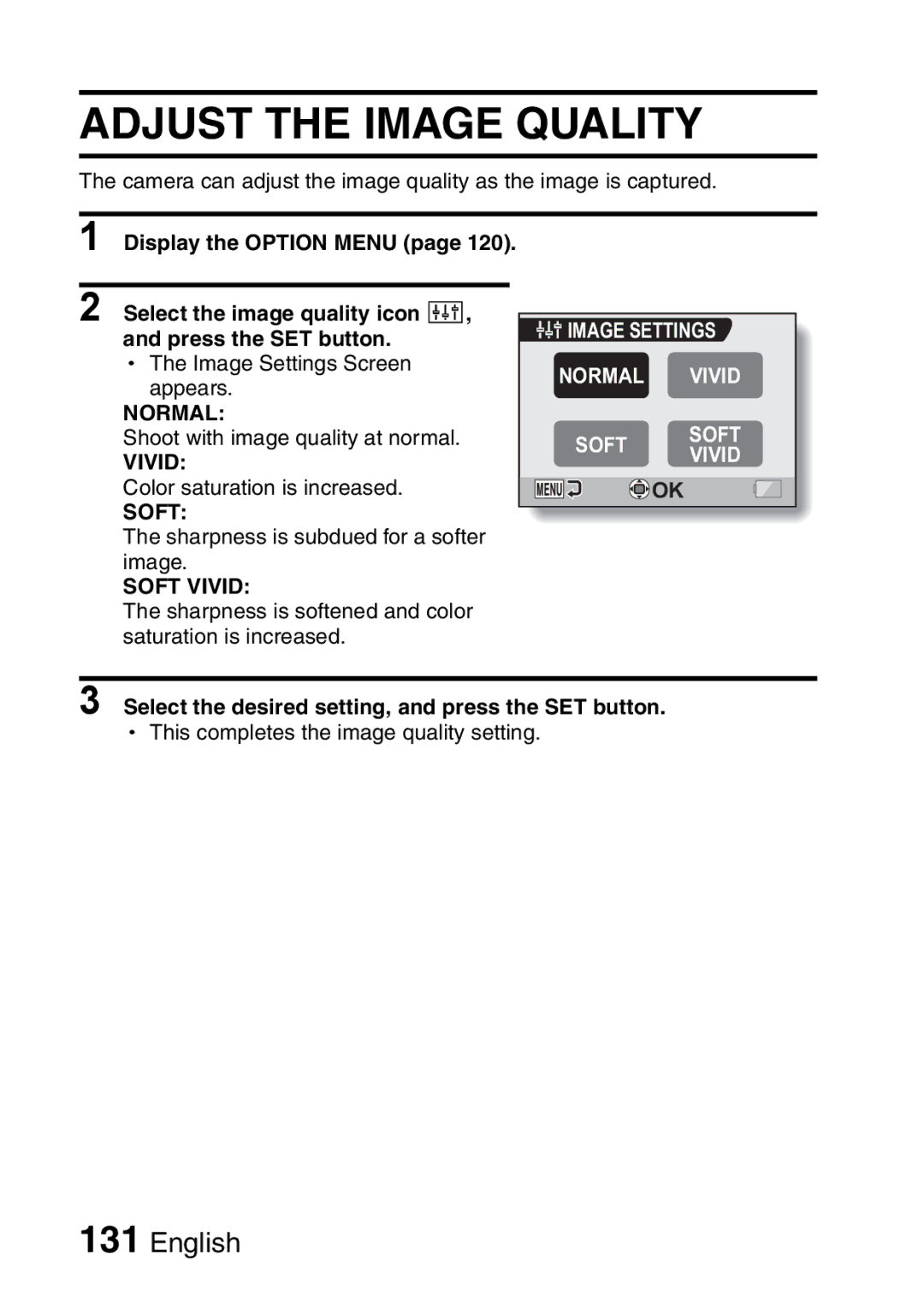 Sanyo VPC-CA65EX, VPC-CA65GX instruction manual Adjust the Image Quality, Normal, Soft Vivid 