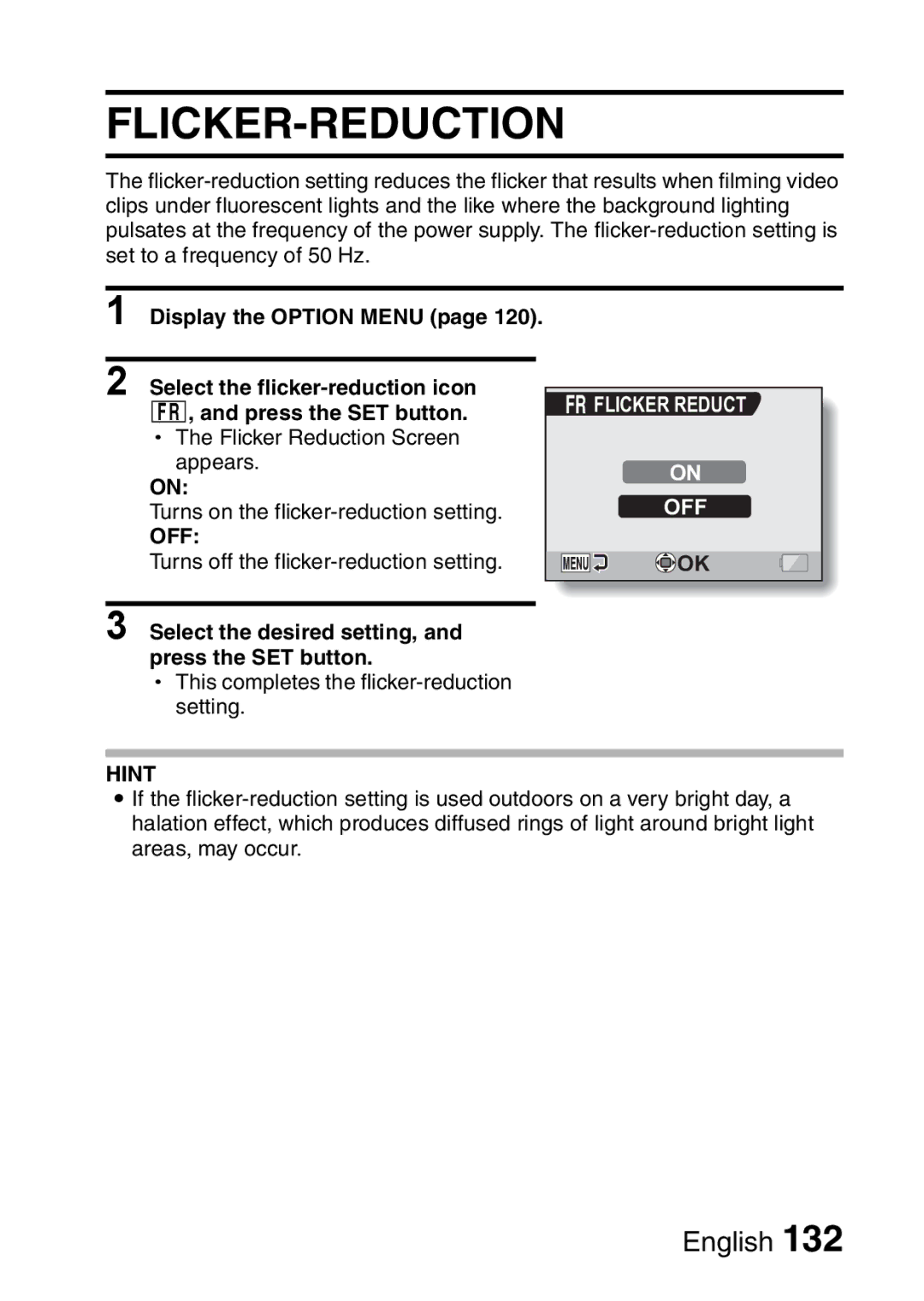 Sanyo VPC-CA65GX, VPC-CA65EX instruction manual Flicker-Reduction, Off 