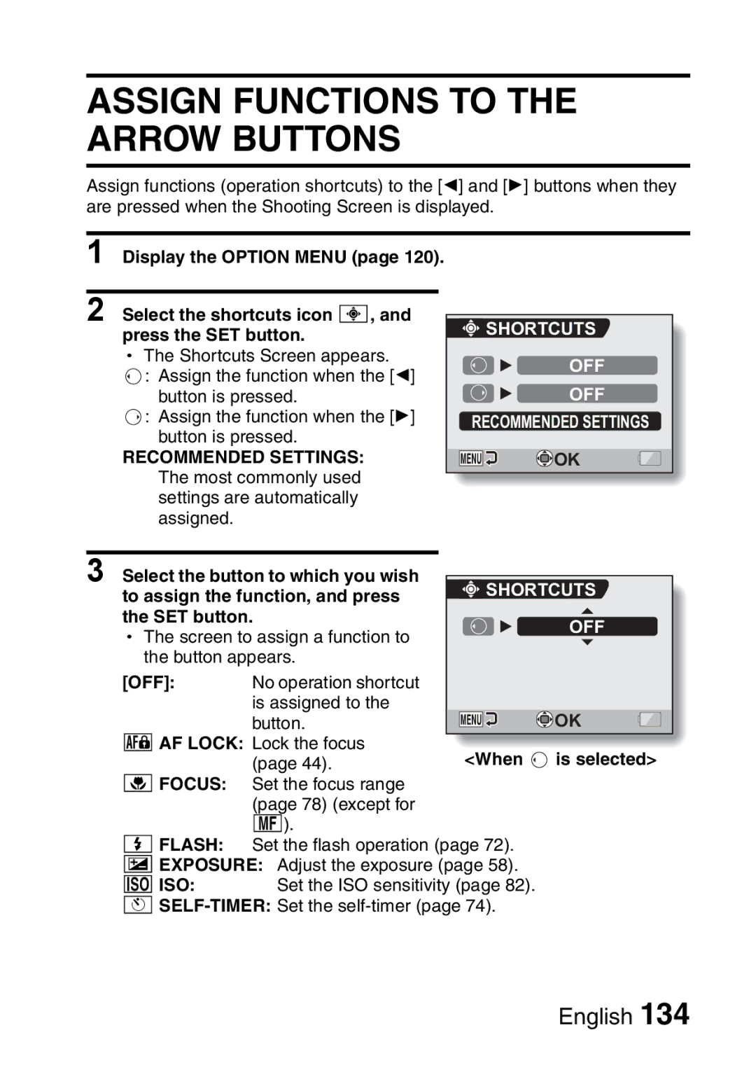 Sanyo VPC-CA65GX, VPC-CA65EX Assign Functions to the Arrow Buttons, Shortcuts OFF OFF Recommended Settings 