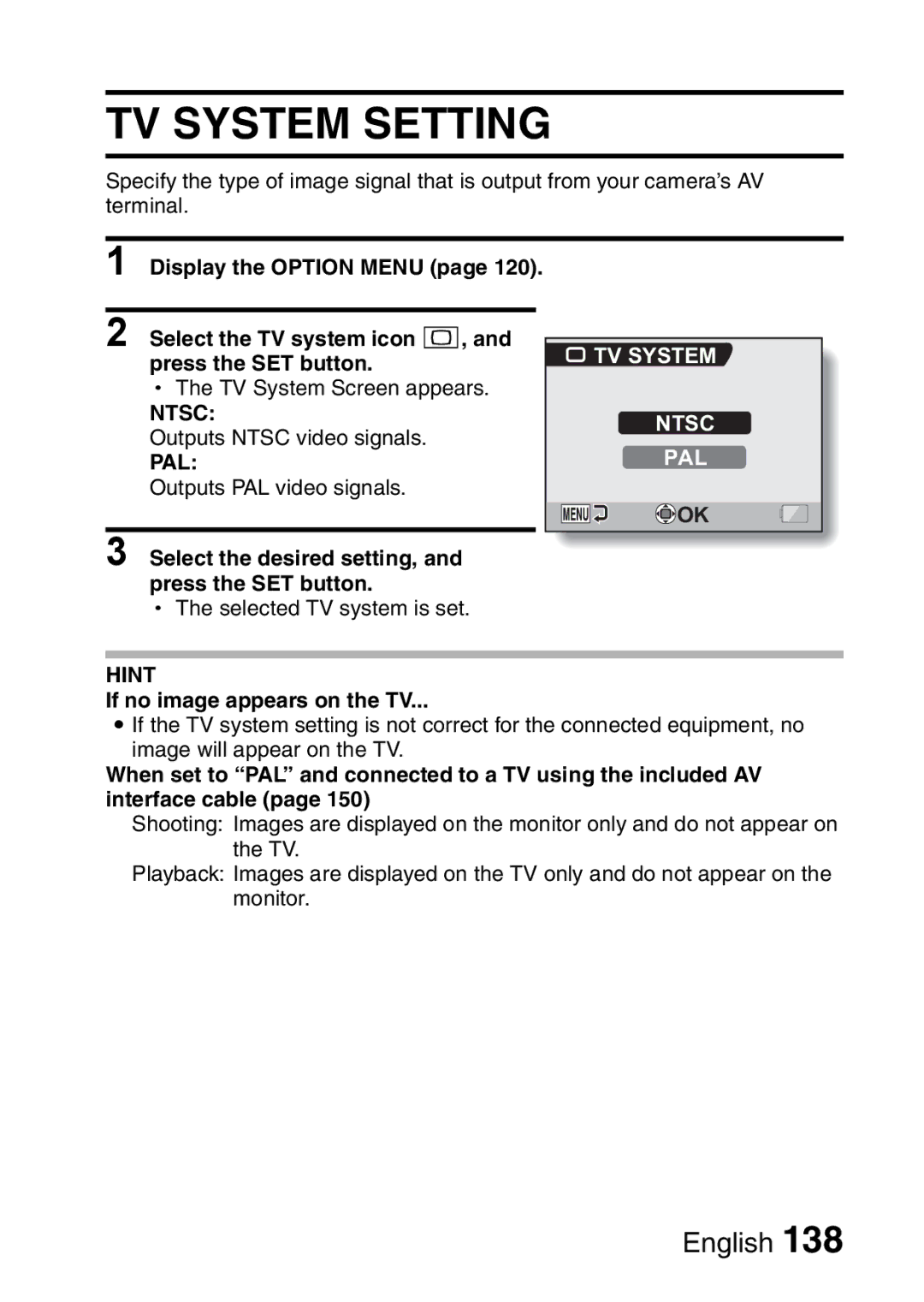 Sanyo VPC-CA65GX, VPC-CA65EX TV System Setting, Pal, TV System Ntsc PAL, If no image appears on the TV 