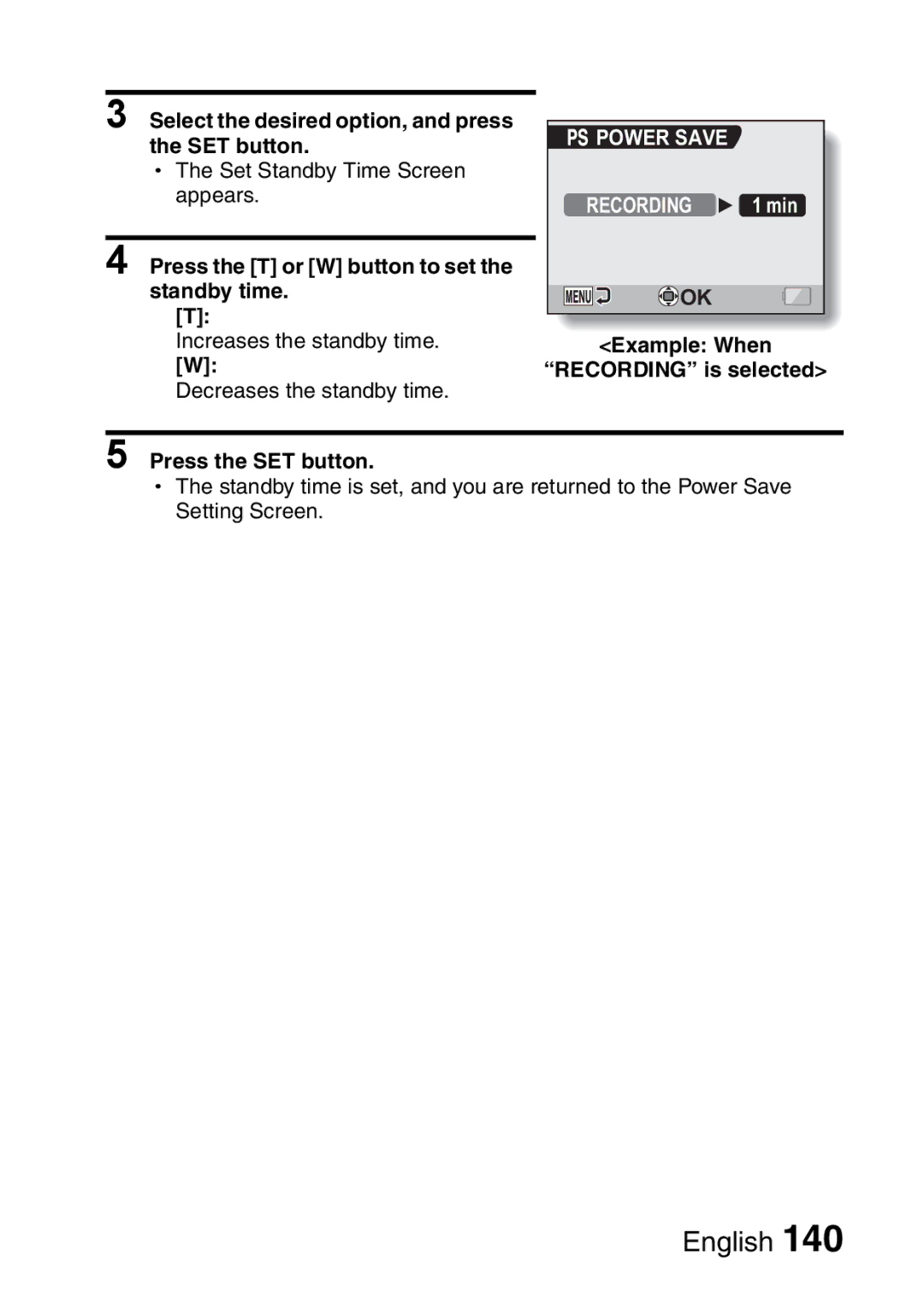 Sanyo VPC-CA65GX, VPC-CA65EX instruction manual Press the T or W button to set the standby time, Power Save 