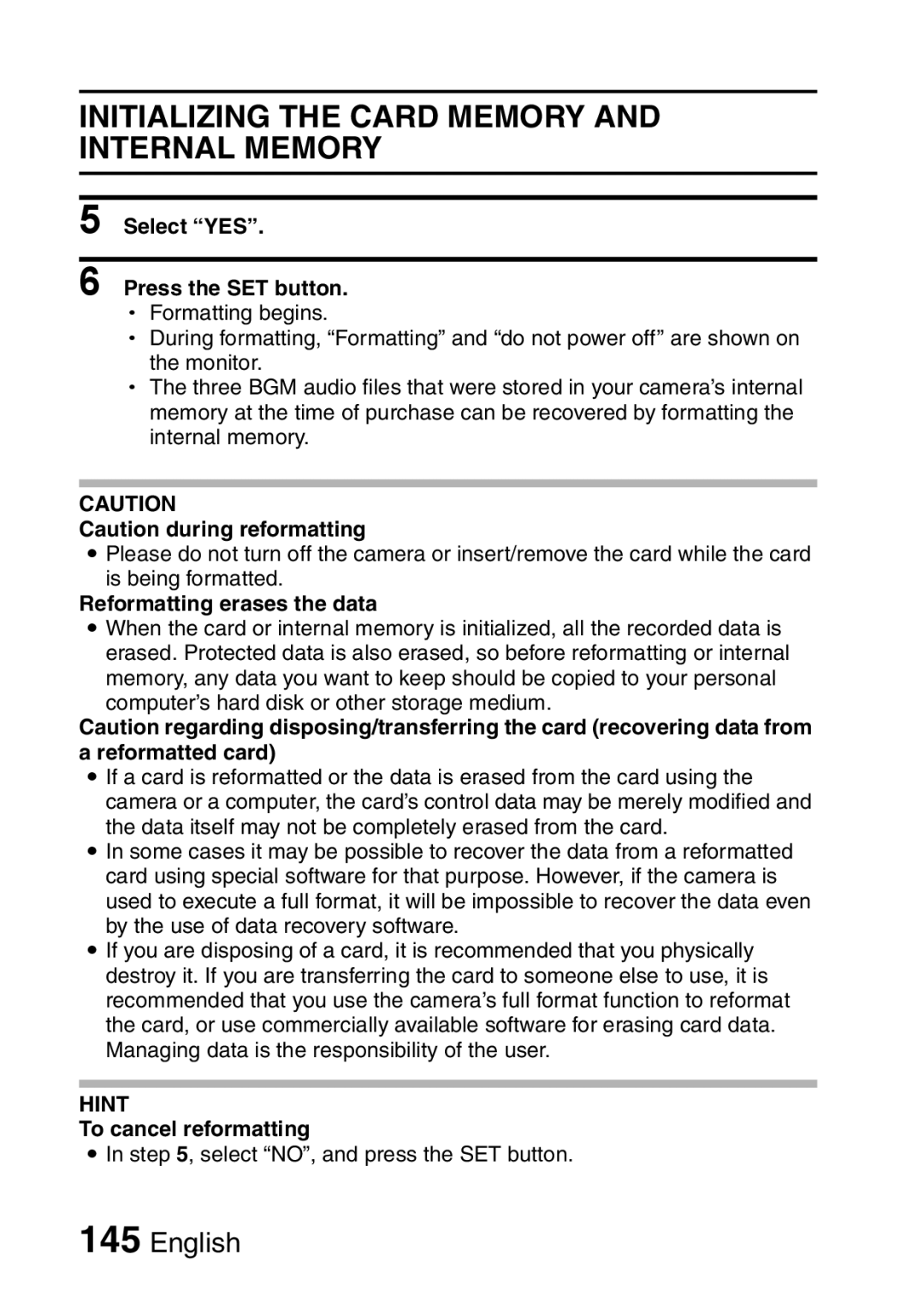 Sanyo VPC-CA65EX Initializing the Card Memory and Internal Memory, Select YES Press the SET button, To cancel reformatting 