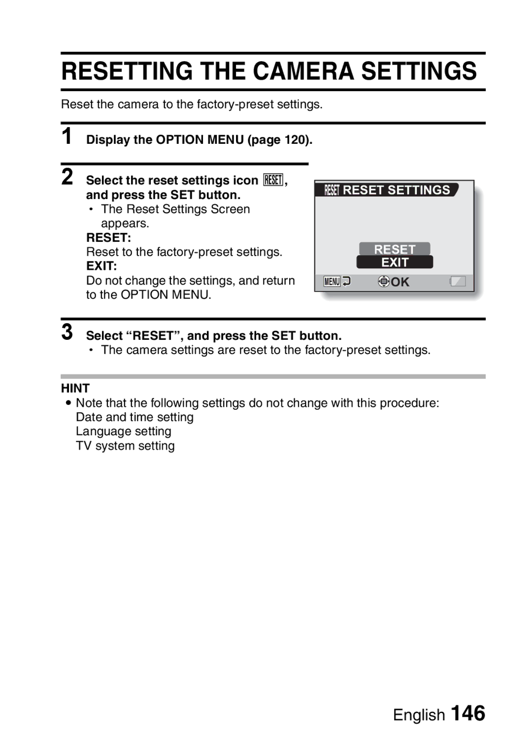 Sanyo VPC-CA65GX, VPC-CA65EX Resetting the Camera Settings, Reset Settings, Select RESET, and press the SET button 