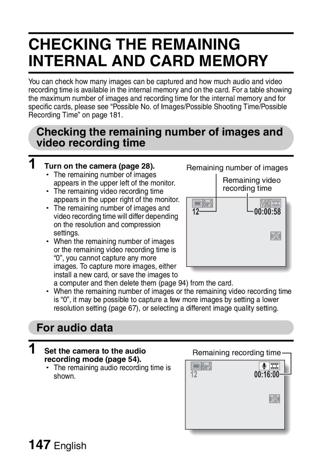 Sanyo VPC-CA65EX, VPC-CA65GX instruction manual Checking the Remaining Internal and Card Memory, For audio data 