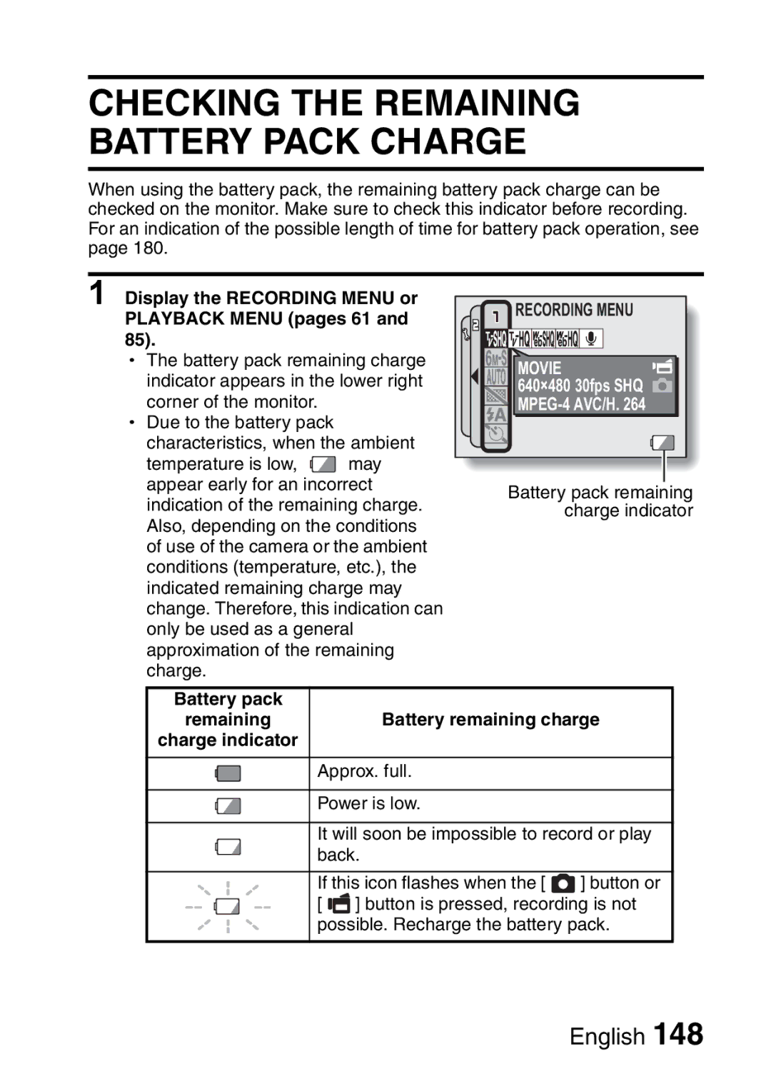 Sanyo VPC-CA65GX Checking the Remaining Battery Pack Charge, Display the Recording Menu or Playback Menu pages 61 