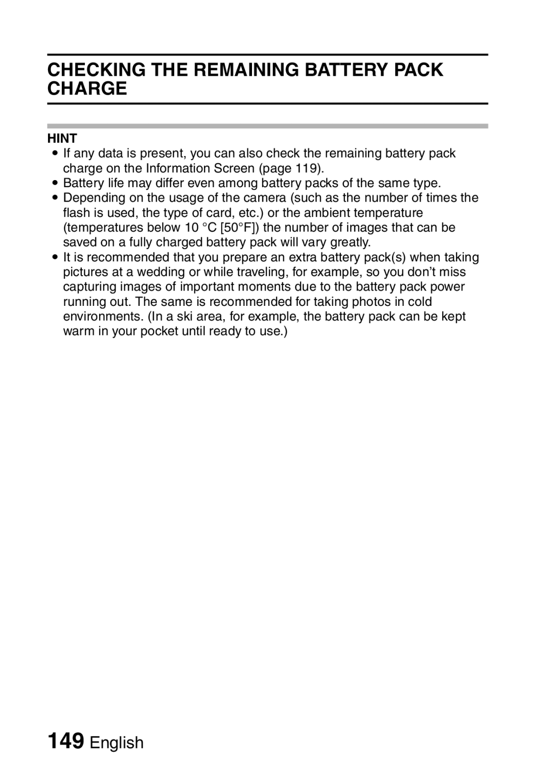 Sanyo VPC-CA65EX, VPC-CA65GX instruction manual Checking the Remaining Battery Pack Charge, Hint 