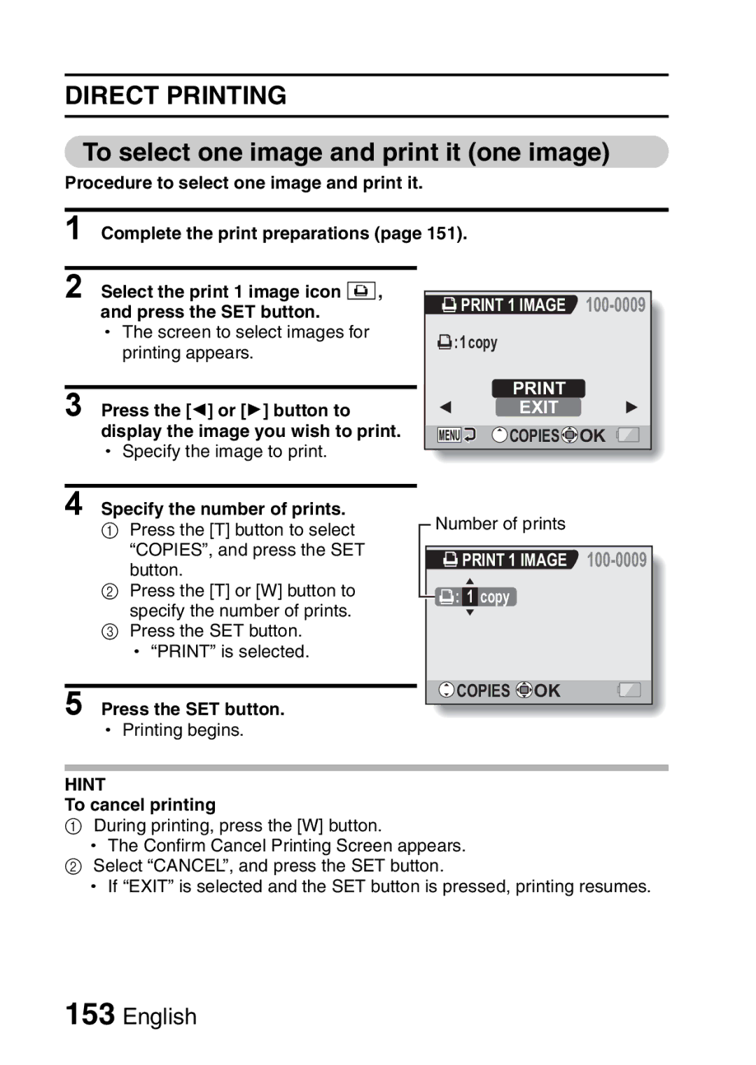 Sanyo VPC-CA65EX, VPC-CA65GX instruction manual Direct Printing, To select one image and print it one image 