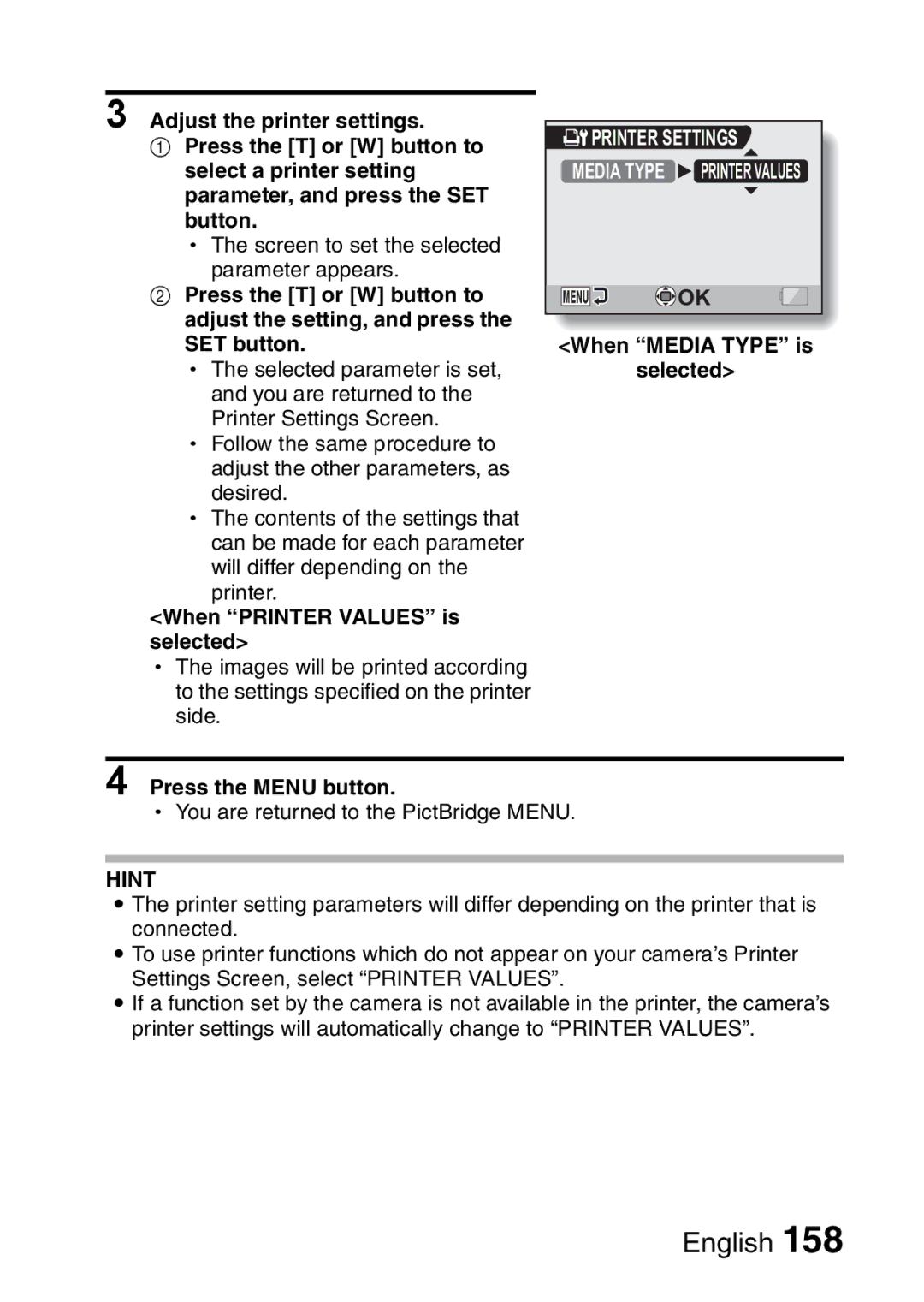 Sanyo VPC-CA65GX, VPC-CA65EX instruction manual When Printer Values is selected, When Media Type is 