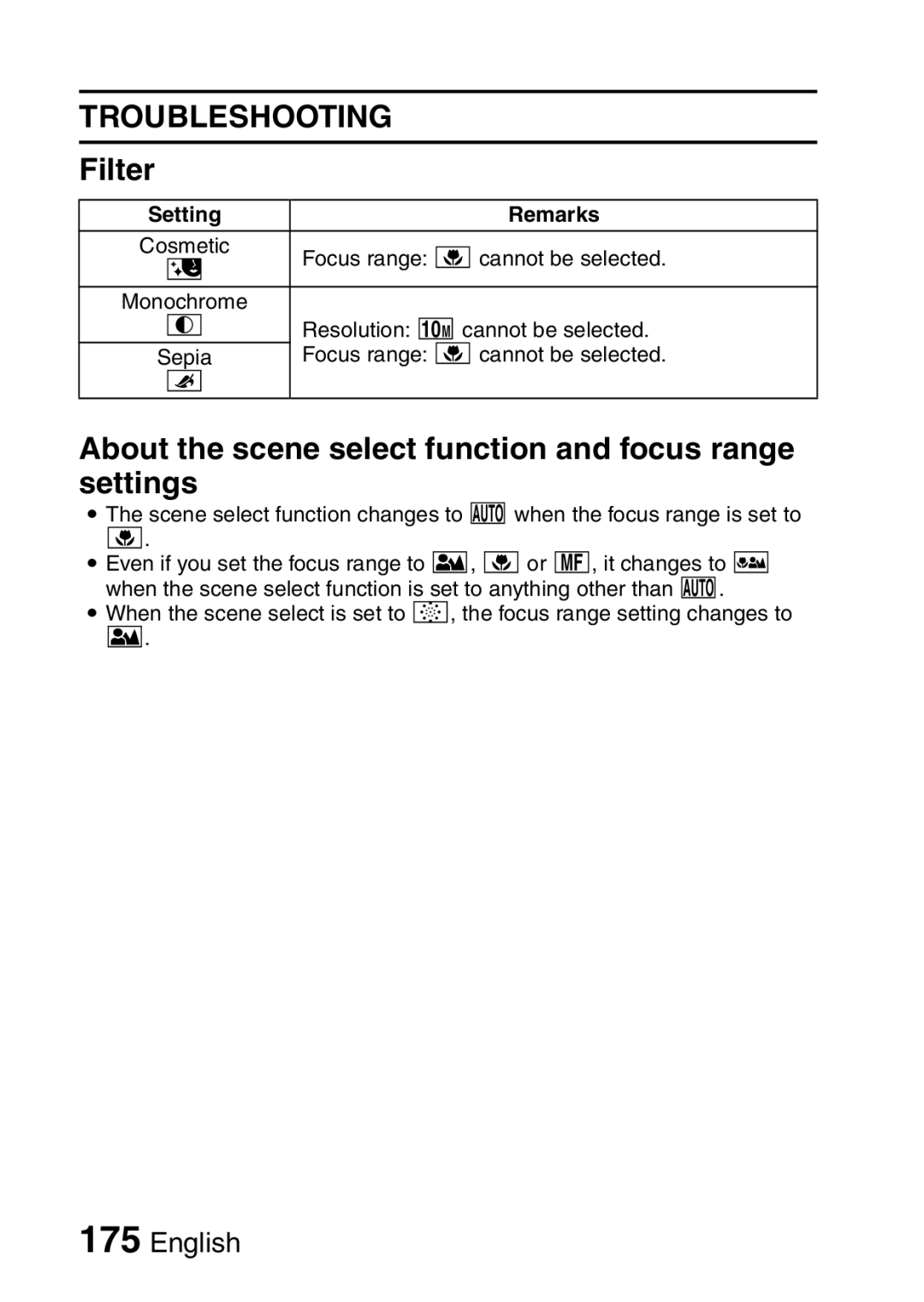 Sanyo VPC-CA65EX, VPC-CA65GX instruction manual Filter, About the scene select function and focus range settings 