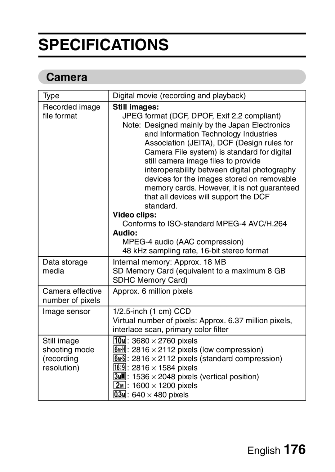 Sanyo VPC-CA65GX, VPC-CA65EX instruction manual Specifications, Still images, Audio 